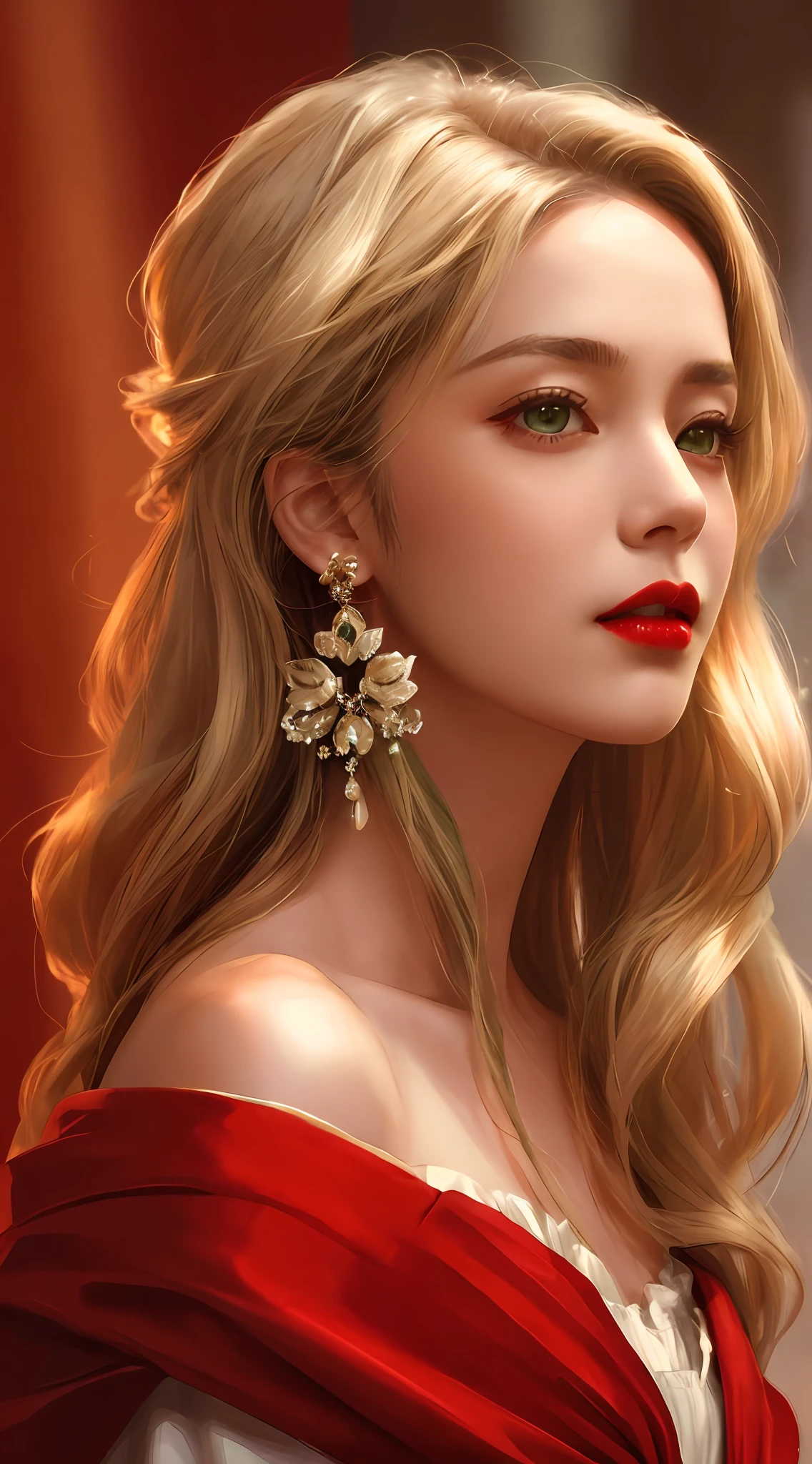 Realistic style,Fantastic screen,A woman in a white period costume,length hair,Red lips,Showy,Look into the camera,Green mountains,The wind blows hair,Close-up of head and face people,Blurred background,tmasterpiece,high qulity,8K