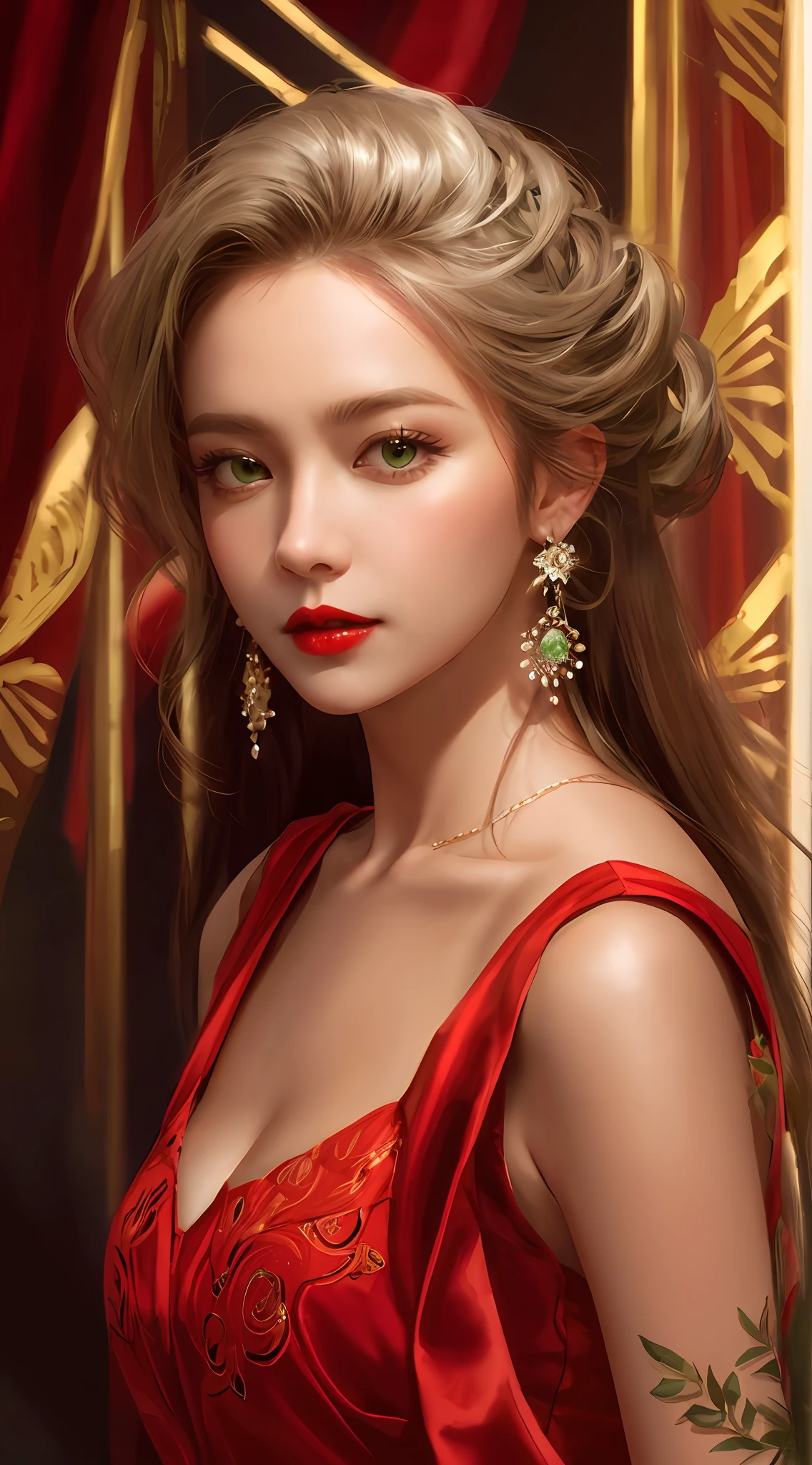 Realistic style,Fantastic screen,A woman in a white period costume,length hair,Red lips,Showy,Look into the camera,Green mountains,The wind blows hair,Close-up of head and face people,Blurred background,tmasterpiece,high qulity,8K