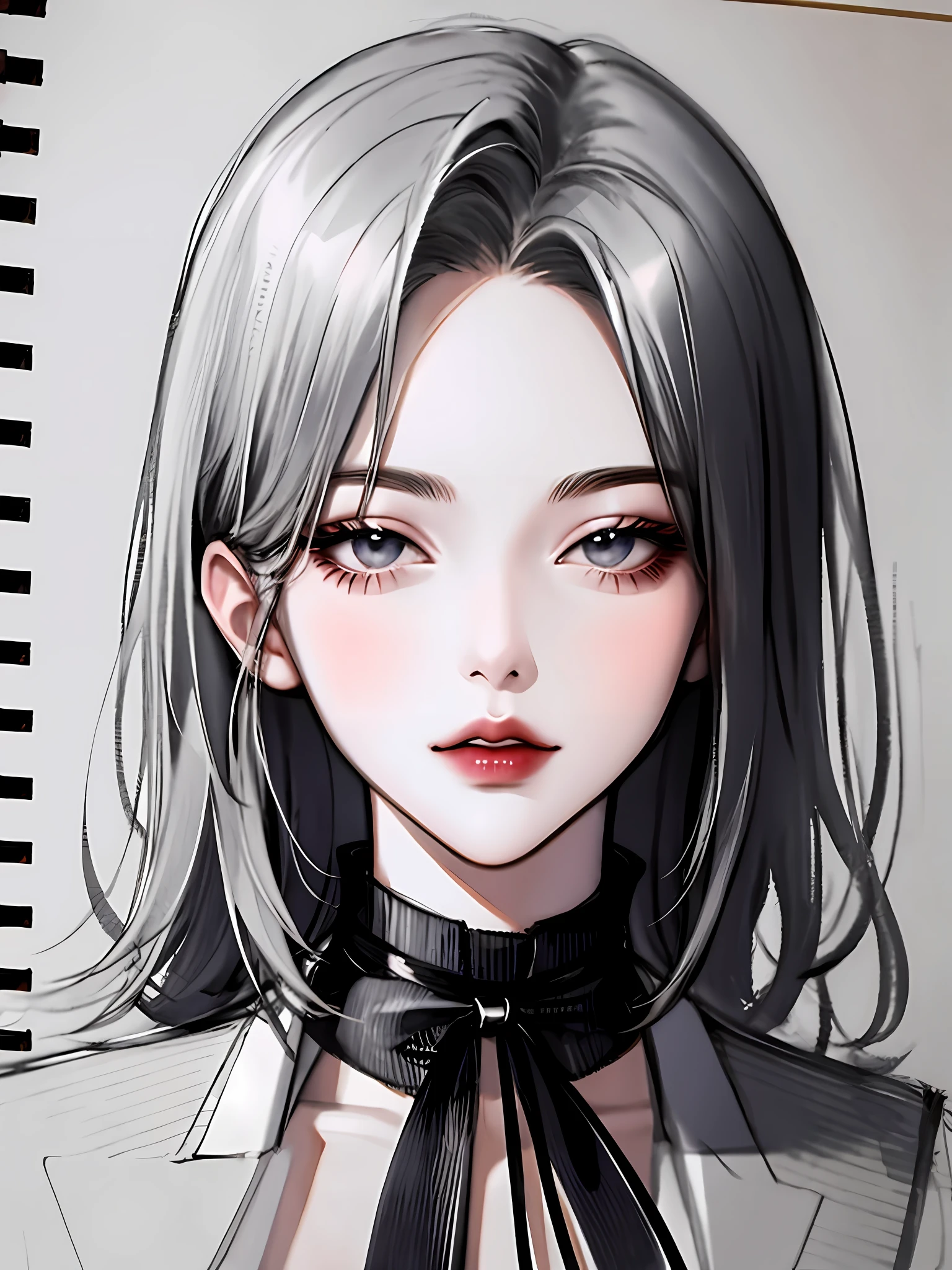 1girl, closed mouth, lips, looking at viewer, portrait, sketch, solo