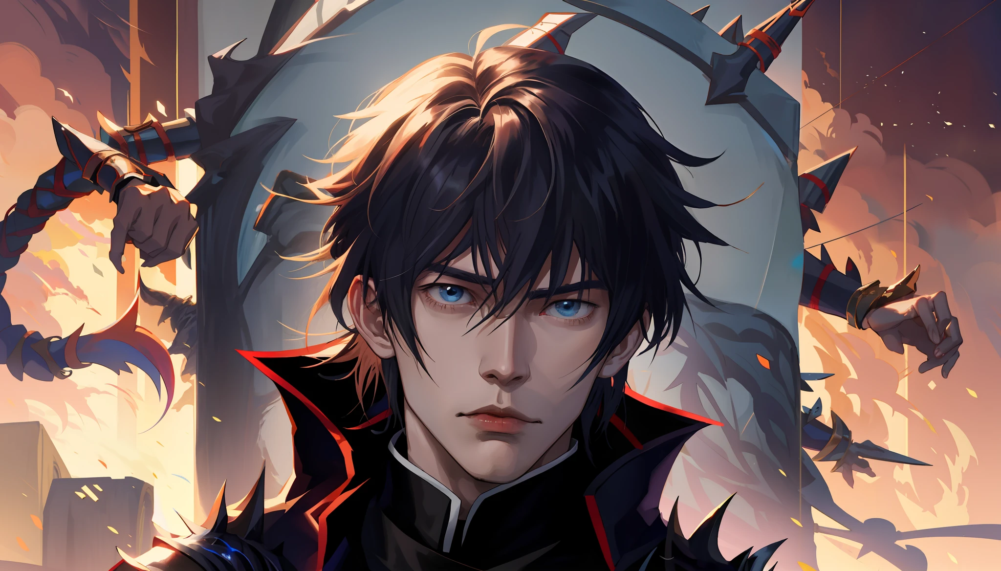 anime character with sword and armor in front of a background of demonic creatures, inspirado por Okumura Masanobu, Imagen de avatar, Kazuto Okata., anime in fantasy style, Personaje masculino de anime, Hijikata Toushirou, Heise Jinyao, Keqing por Genshin Impact, advanced digital anime art ”, Retrato de anime de un hombre guapo