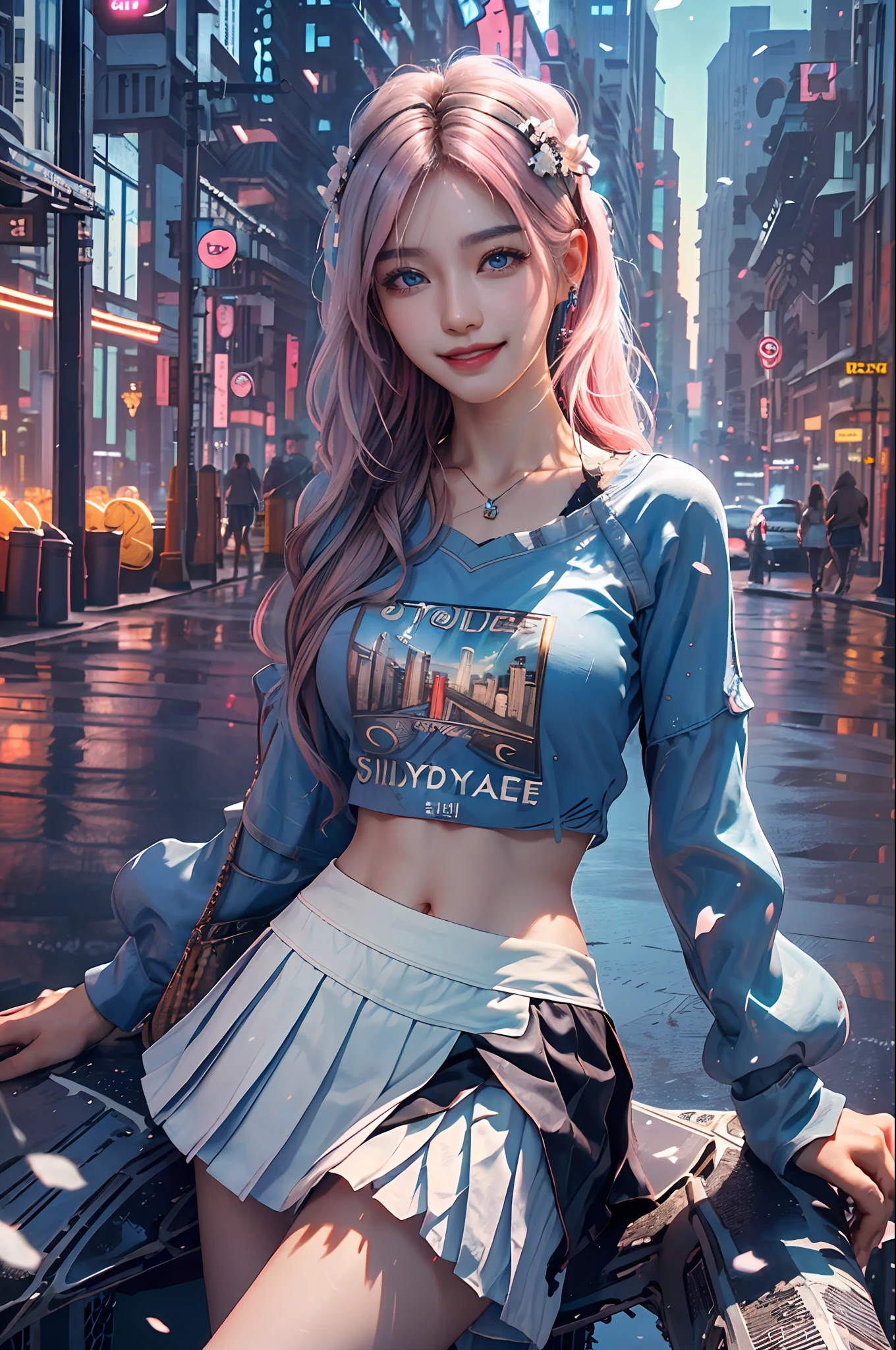 official art, masterpiece, sharp focus, (beautiful gorgeous cute Korean woman:1.3), (beautiful cute korean:1.3), korean beauty, Delicate and beautiful hair and eyes and face, realistic, ultra detailed, beautiful girl, blue sky, glow white particle, (sidelighting:1.2), sun light, white cloud, detailed clouds, slender, Lovely very large breasts and very large hips, smile with teeth, ((smile with eyes, open both eyes)), scenery, long straight hair, sexy facial expression, building, (cityscape:1.7), dynamic hair, long straight hair, detailed platinum pink hair, glow blue eyes, (blue pleated shirts + white skirt), white long socks, pale skin, hair ornament, epic scenery,