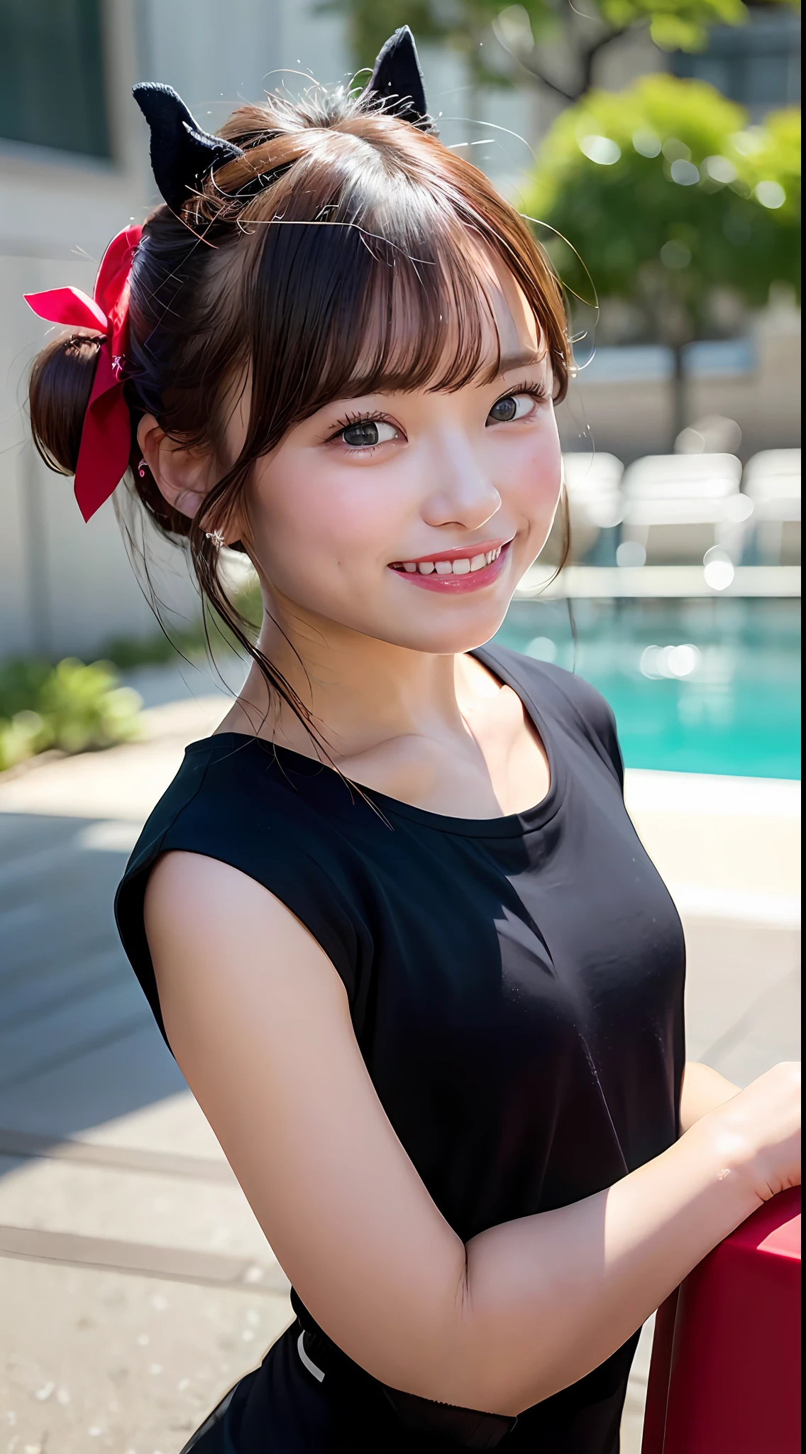 (8K、Raw photography、Top image quality、high - res:1.1)、(A hyper-realistic:1.4)、(realisitic、a photorealistic:1.3)、Soft light、Kizi、Construction workers、japanes、Lifelike face、Realistic body、real-looking-skin、、absurderes、masterpiece、(cute little:1.8)、Cuties、独奏、(Bun hair:1.2)、Detailed black eyes、Innocent eyes、cheek、(homework:1.2)、cinematric light、film grains、((hugetits:1.1))、cherry colored lips、a closeup、Look Viewer、Upper body body、 Open lips、Upper teeth、(Smiling eyes:0.6)、((grinning:1.2))、depth of fields、blurry backround、eyes focus、bokeh dof、夏天、Resort Pool、105mm lens、F / 1.4、Professional lighting、jung、portlate、photon maping、Radio City、physically-based renderingt