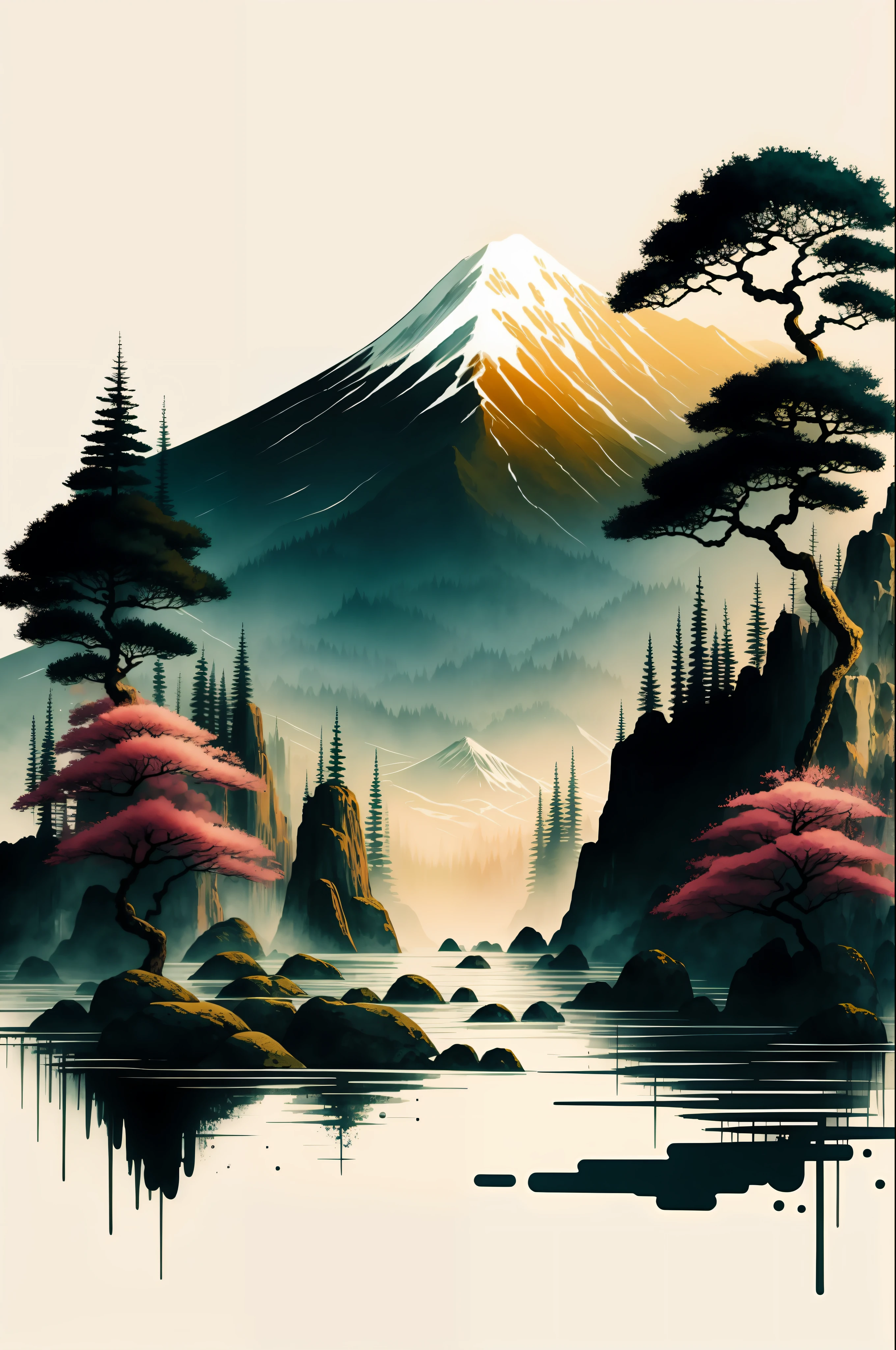 white background, scenery, ink, mountains, water, trees
