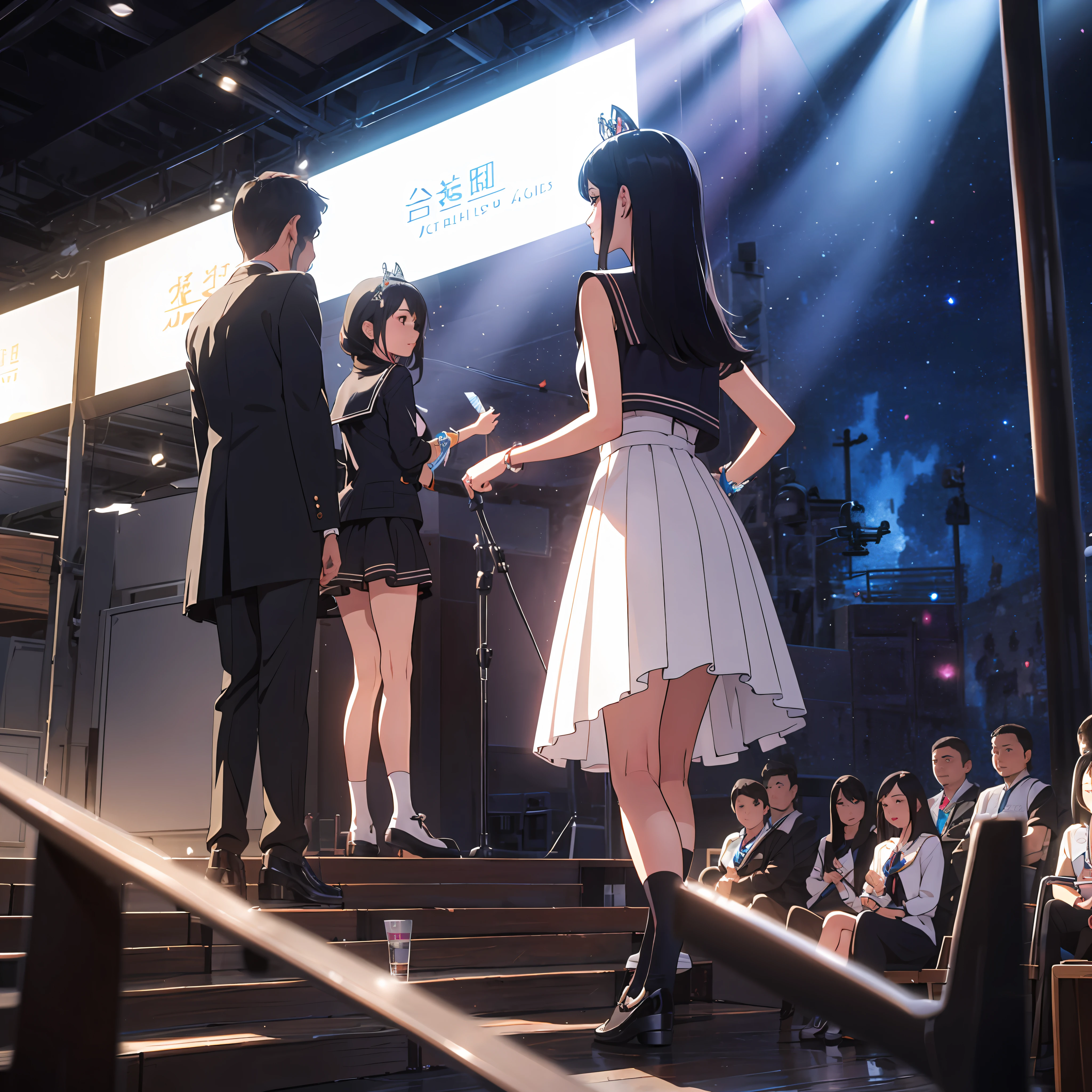 Celluloid style,2D art style,extremely colorful,Active women,Clover tiara,cabelos preto e longos,white short socks,Small black leather shoes,Sailor suit long skirt with bare ankles,Standing posture,Turn right and look back with a smile,Turn your back to the audience,Black hair brushes gently across ears,Sunlight shines through the hair on the neck and makeup。 --auto