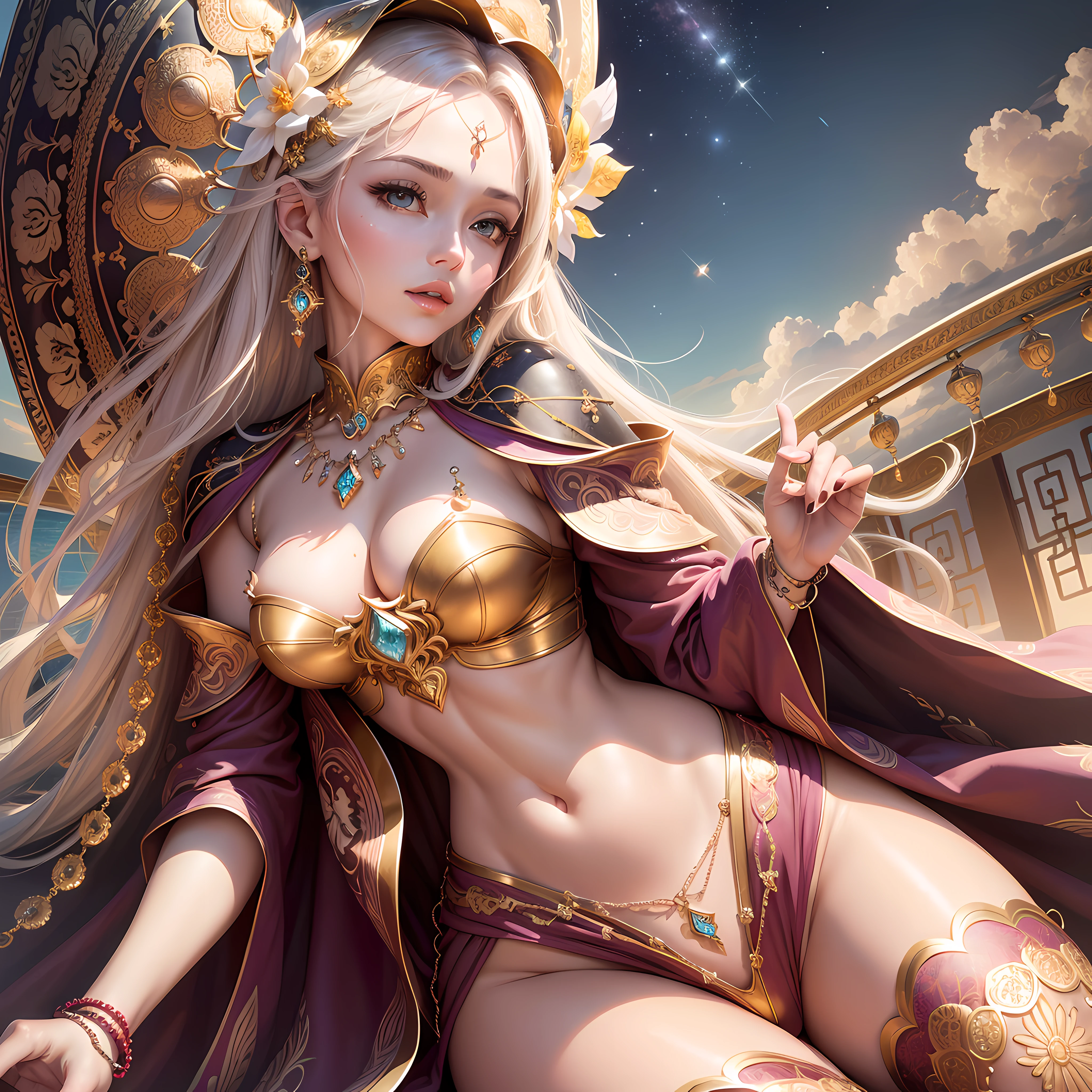 Fashion ultra beautiful girl, unparalleled masterpiece, ultra realistic 16k CG, perfect artwork, (detailed accessories),
(The sky is dreamy with colorful cloudscape in the evening):1.5,
(perfect female figure), mature female, narrow waist, looking at viewer, clean, beautiful face, pure face, pale skin, absurdly long golden hair, (F cup of large breasts, nsfw, breasts in, puffy, small, middle areolae), divine goddess, shiny skin, skin dentation, (rich:1.2), colorful eyes, 
(Chinese Embroidery hollow cape by translucent lace, lace trim, lace-trimmed legwear, delicate pattern, intricate detail, prestige, gorgeous, (Jewelry chain to rope by Japanese bondage with diamond pattern and bracelet necklace):1.5,
The beauty landscape of the cosmic sea gradually entered our retinas, lift one perfect slim leg over head by herself at luxury roof balcony of old and intricate Imperial Palace by gorgeous Baroque style,
