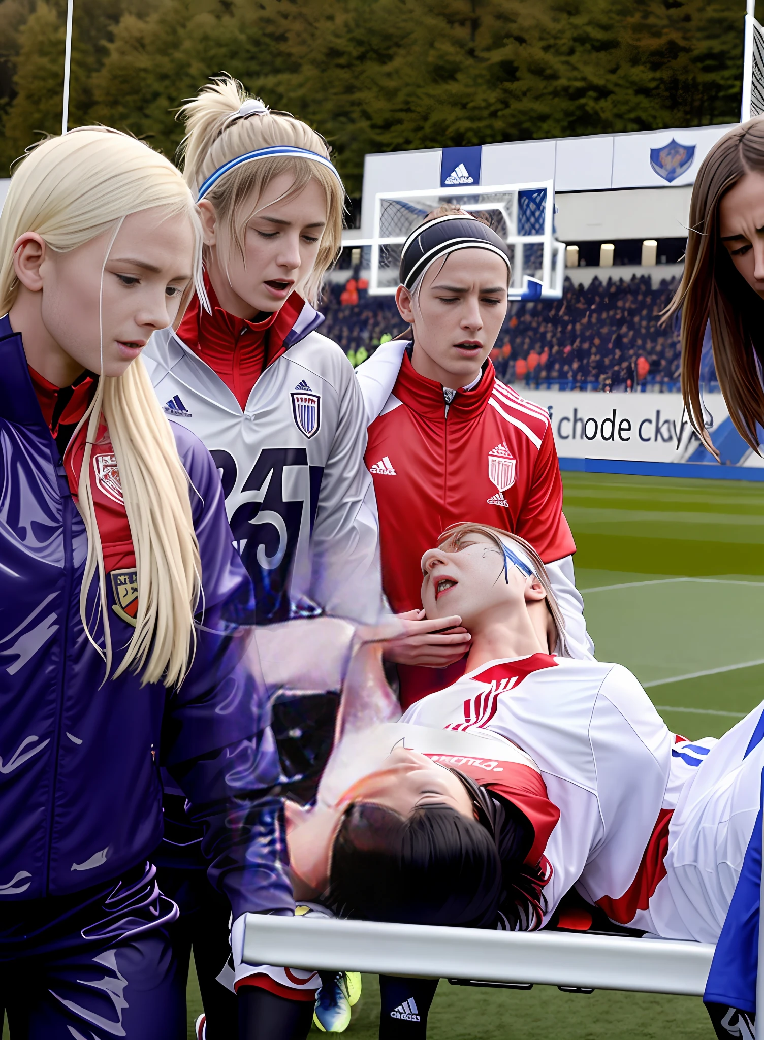 Several very young schoolgirls in shiny wet plastic jackets stand around an athlete on a stretcher, Several young schoolgirls in shiny PVC jackets hold a stretcher, on which an injured athlete lies on his back, writhing in pain,Ein verwundeter Sportler liegt auf einer Bahre, the hands in front of the tormented face, There's an injured soccer player, who covers his tormented face with his hands, while rearing up on a stretcher, There's a soccer player lying there, who lies on a stretcher and covers his tormented face with his hands, a soccer scene in a chinese sports stadium, Regenwetter, Nasser Boden, Niederschlag, Verletzungsszene in einem Sportstadion, Tragen auf einer Trage, There are two young schoolgirls in shiny lederhosen, die eine Trage tragen, There are two long-haired schoolgirls in high-gloss latex leggings, die in einem verregneten Sportstadion einen Strecther tragen, there is a wounded male soccer player in a short sports outfit lying on the stretcher, an injured male soccer player is lying on his back on a stretcher and is grabbing his hurting leg with his hands, A football player rears up in severe pain, while lying on his back on a stretcher, grabbing his injured leg with his hands, Dramatische Szene, thatralic posing szene, Dramatische Mitleidsszene, injury soccer, Erste Hilfe, Hilfe, Mitleid, There are two very angry-looking schoolgirls in shiny latex pants, who look very sad and very scared and very shocked, The injured footballer screams in pain, while he is carried off the pitch on a stetcher through the rain