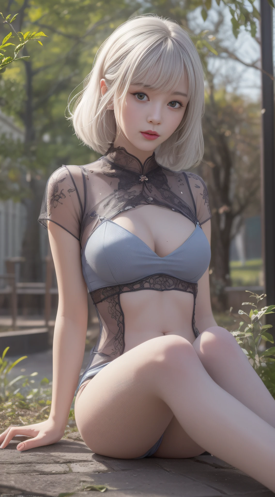 1girlhugebreasts，((best quailty)), ((tmasterpiece)), (the detail:1.4), A beautiful image of a Chinese girl,hdr（HighDynamicRange）,Ray traching,NVIDIA RTX,Hyper-Resolution,Unreal 5,Subsurface scattering、PBR Texture、post-processed、Anisotropy Filtering、depth of fields、maximum definition and sharpness、Many-Layer Textures、Albedo e mapas Speculares、Surface coloring、Accurate simulation of light-material interactions、perfectly proportioned、rendering by octane、Two-colored light、largeaperture、Low ISO、White balance、thirds rule、8K raw data、realisticlying（photorealestic），sitting on the ground，with legs apart，whitet-shirt，denim short，outdoors，Hyper-realistic，Authentic skin texture，Correct body anatomy，correct hand，Tight abdomen，City park background，Real people，Seductive expressions，Real expressions，A high resolution，Full body photo，Silver hair，No shoes，No stockings