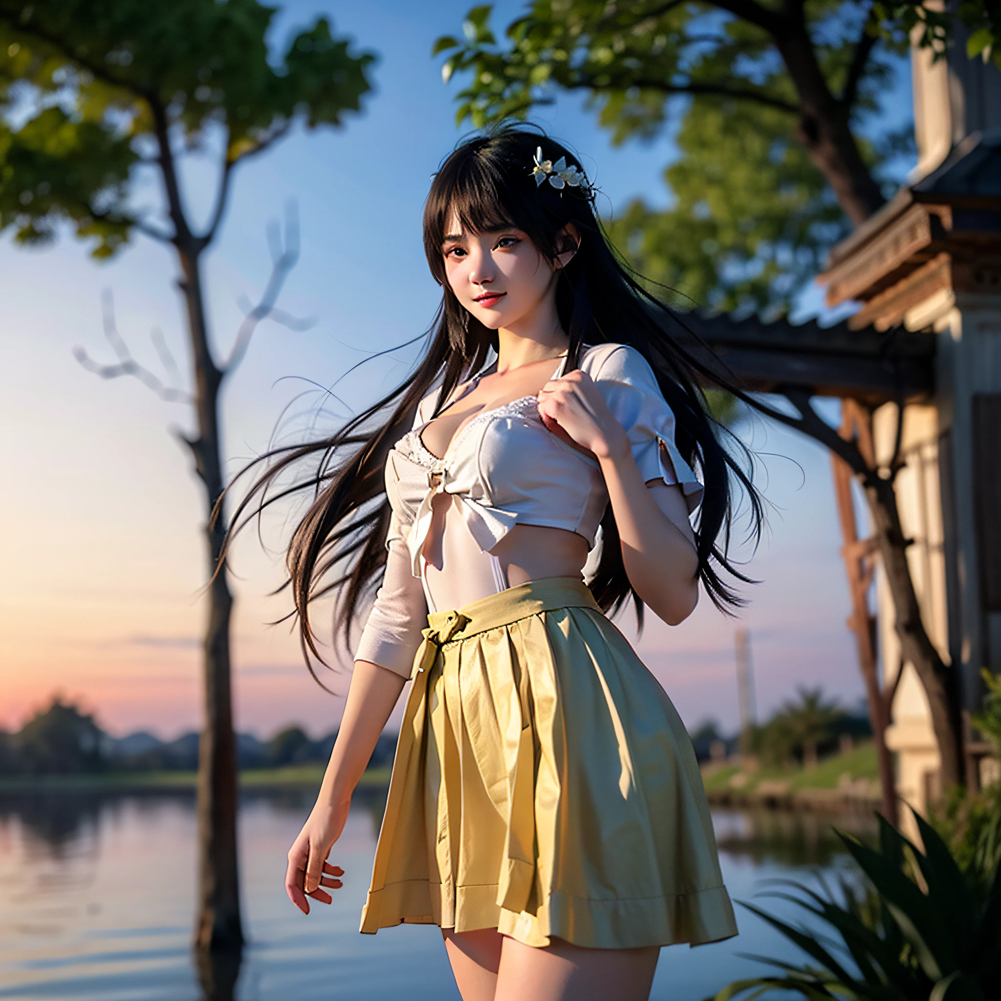 巨作}},(Extremely detailed CG unity 8k wallpaper), (((Best quality))), ((Ultra-detailed)),(Best Shadow), ((An extremely delicate and beautiful)),(best illustration),(Layer
of thickening),(Detailed light and shadow:1.2) ,(3D:1.2),Dynamic angle,Floating,(Painting),(Sketch),
(巨作:1.3), (Best quality:1.2), Extremely detailed,(1girlhugebreasts),solo,Cowboy shot,Silver hair,Long hair,Blue eyes,Light smile,sun skirt, (gradient sky), crepuscular,(horizon),reflecting,Water, Lake,woods