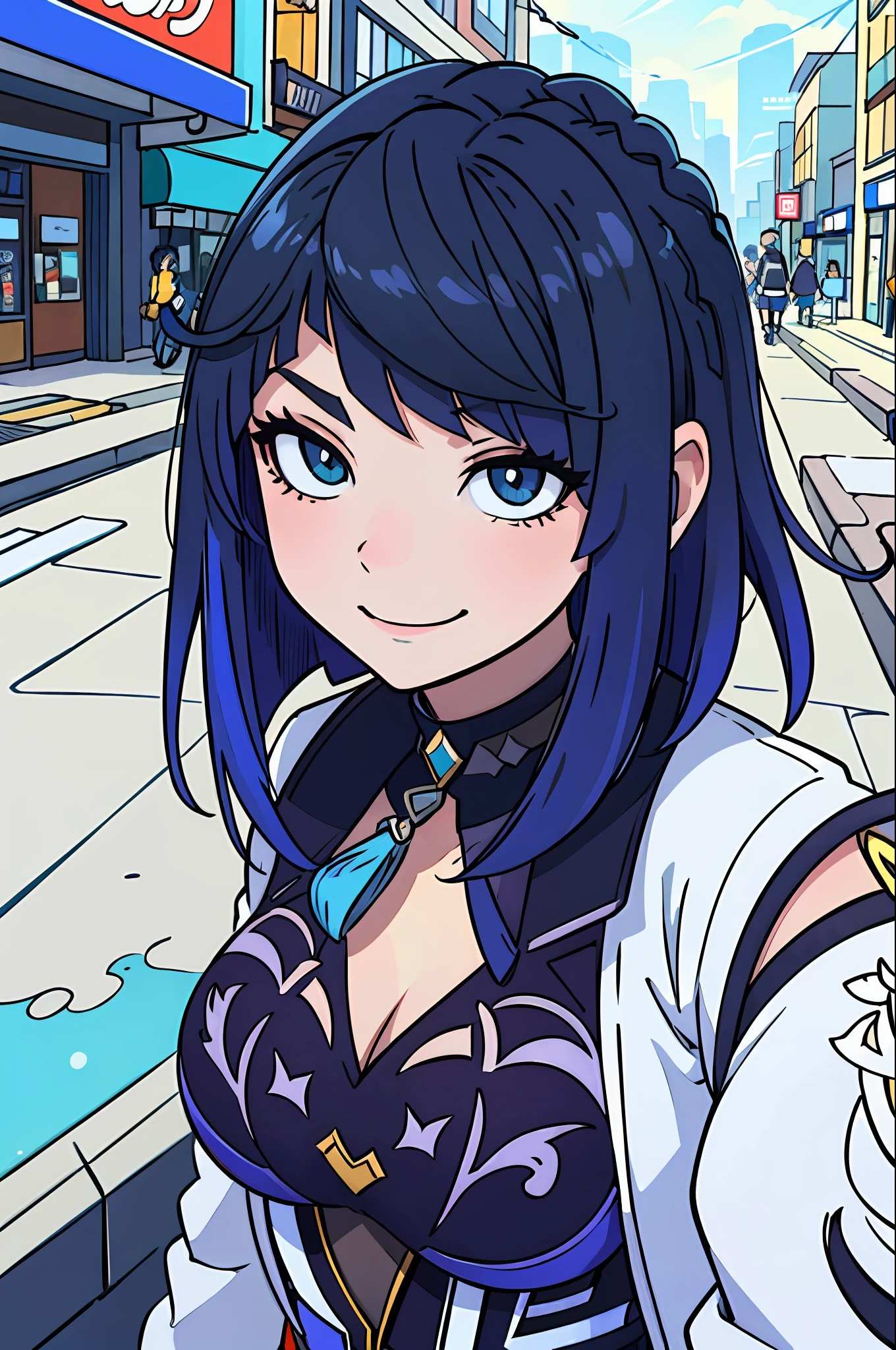 (best-quality:0.8), (best-quality:0.8), perfect anime illustration, extreme closeup portrait of a pretty woman walking through the city, blue short hair, Yelan (genshin impact), smile, chill
