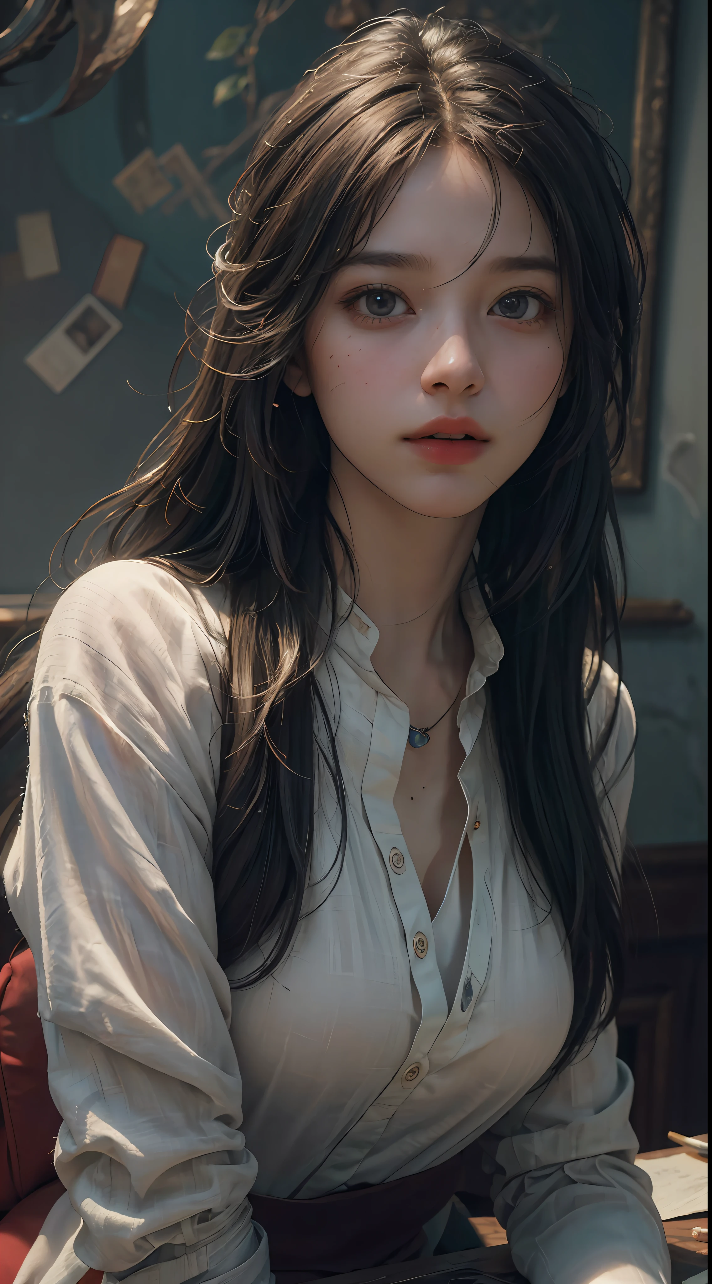 (RAW photo, best quality), (realistic, photo-realistic:1.3),best quality,highly detailed,masterpiece,ultra-detailed,illustration,1girl,upper_body,dynamic angle,world masterpiece theater,messy_long_hair,best quality,extremely detailed CG unity 8k wallpaper,ink,Amazing,cinematic lighting,lens_flare, dunhuang_style