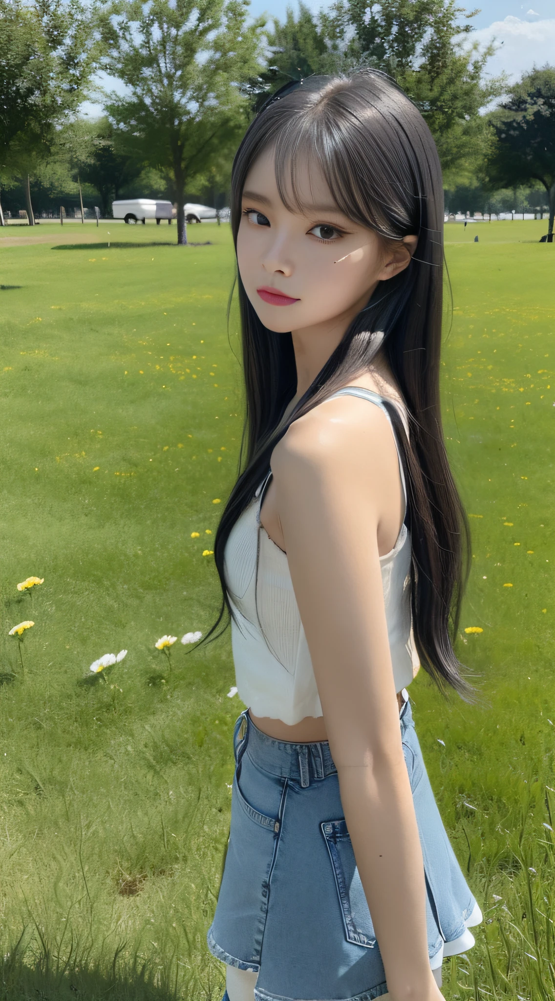 (true to life,Photorealistic 1.5),((best quailty, 8K, tmasterpiece:1.3)), (双眼皮,largeeyes:1.3),(The expression is pitiful 1.5),(Full body photo 1.5)(Aggrieved expression 1.5)Clear focus 1.2, Perfect body beauty:1.4 , Delicate skin1.1,(Ball head 1.2),(Delicate facial features1.4),(Pure desire 1.3)White school uniform,denim short,Knee-length black stockings,Stand in the vast grassland,(Flowers all over the ground 1.5)