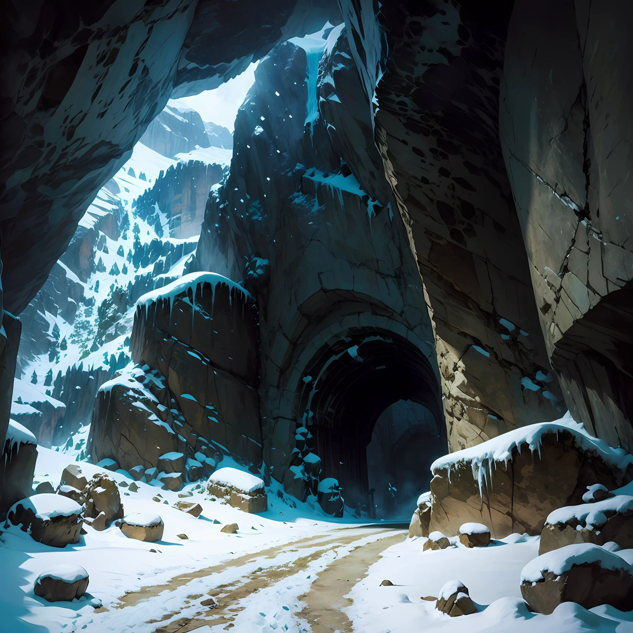 DnD module cover art, big Stone fortress structure inside the front of a mountain, snow, cold, cavern, cave, ice spikes, rubble,