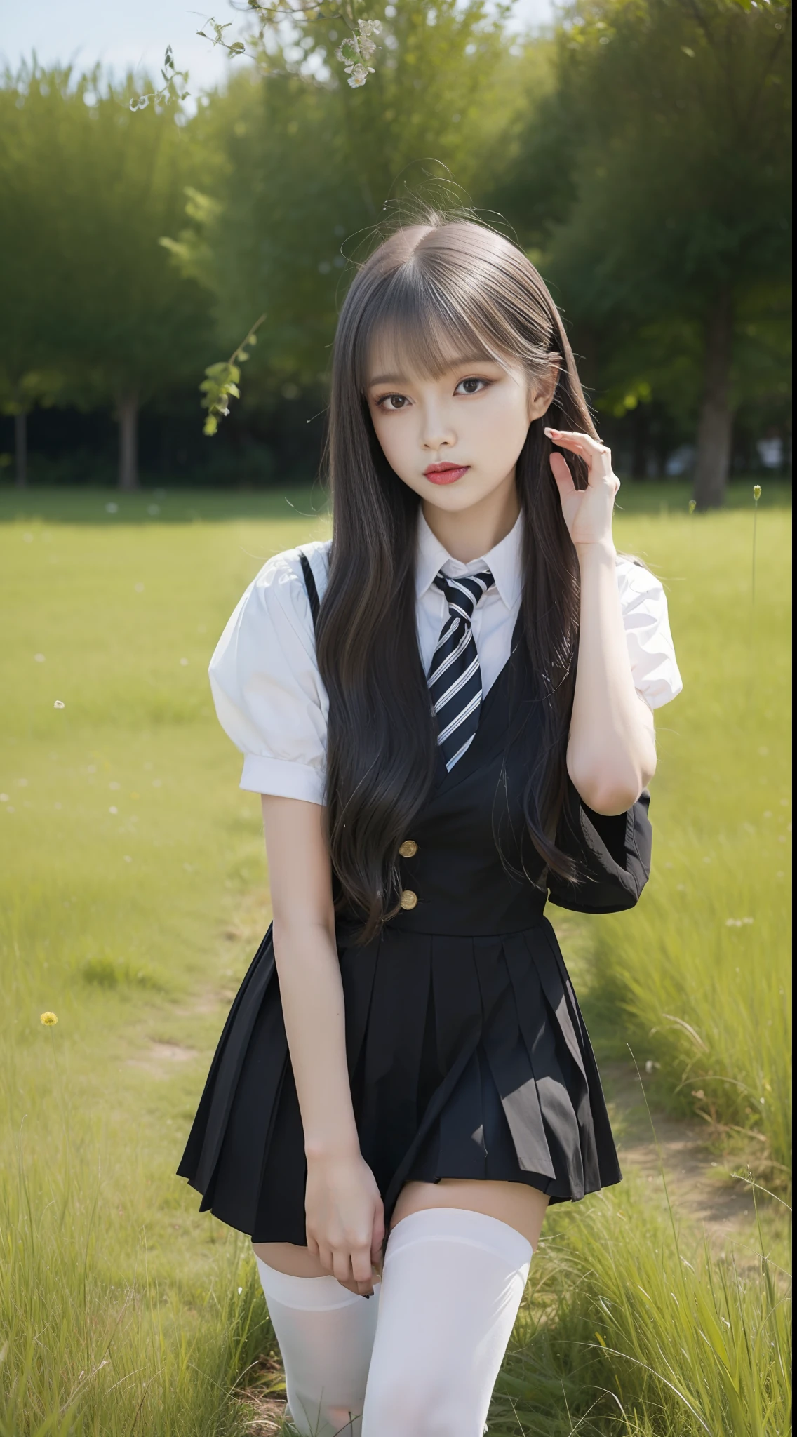 (true to life,Photorealistic 1.5),((best quailty, 8K, tmasterpiece:1.3)), (双眼皮,largeeyes:1.3),(The expression is pitiful 1.5),(Full body photo 1.5)(Aggrieved expression 1.5)Clear focus 1.2, Perfect body beauty:1.4 , Delicate skin1.1,(Ball head 1.2),(Delicate facial features1.4),(Pure desire 1.3)White school uniform,denim short,Knee-length black stockings,Stand in the vast grassland,(Flowers all over the ground 1.5)