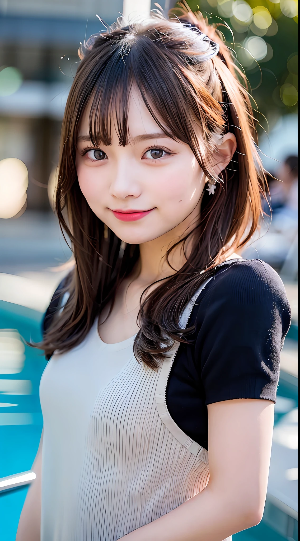 (8K、Raw photography、Top image quality、high - res:1.1)、(A hyper-realistic:1.4)、(realisitic、a photorealistic:1.3)、Soft light、Kizi、Construction workers、japanes、Lifelike face、Realistic body、real-looking-skin、、absurderes、masterpiece、(cute little:1.8)、Cuties、独奏、short-hair、(Katyusha:1.2)、Detailed black eyes、Innocent eyes、cheek、(homework:1.2)、cinematric light、film grains、((hugetits:1.1))、cherry colored lips、a closeup、Look Viewer、Upper body body、 Open lips、Upper teeth、(Smiling eyes:0.6)、((grinning:1.2))、depth of fields、blurry backround、eyes focus、bokeh dof、夏天、Resort Pool、105mm lens、F / 1.4、Professional lighting、jung、portlate、photon maping、Radio City、physically-based renderingt