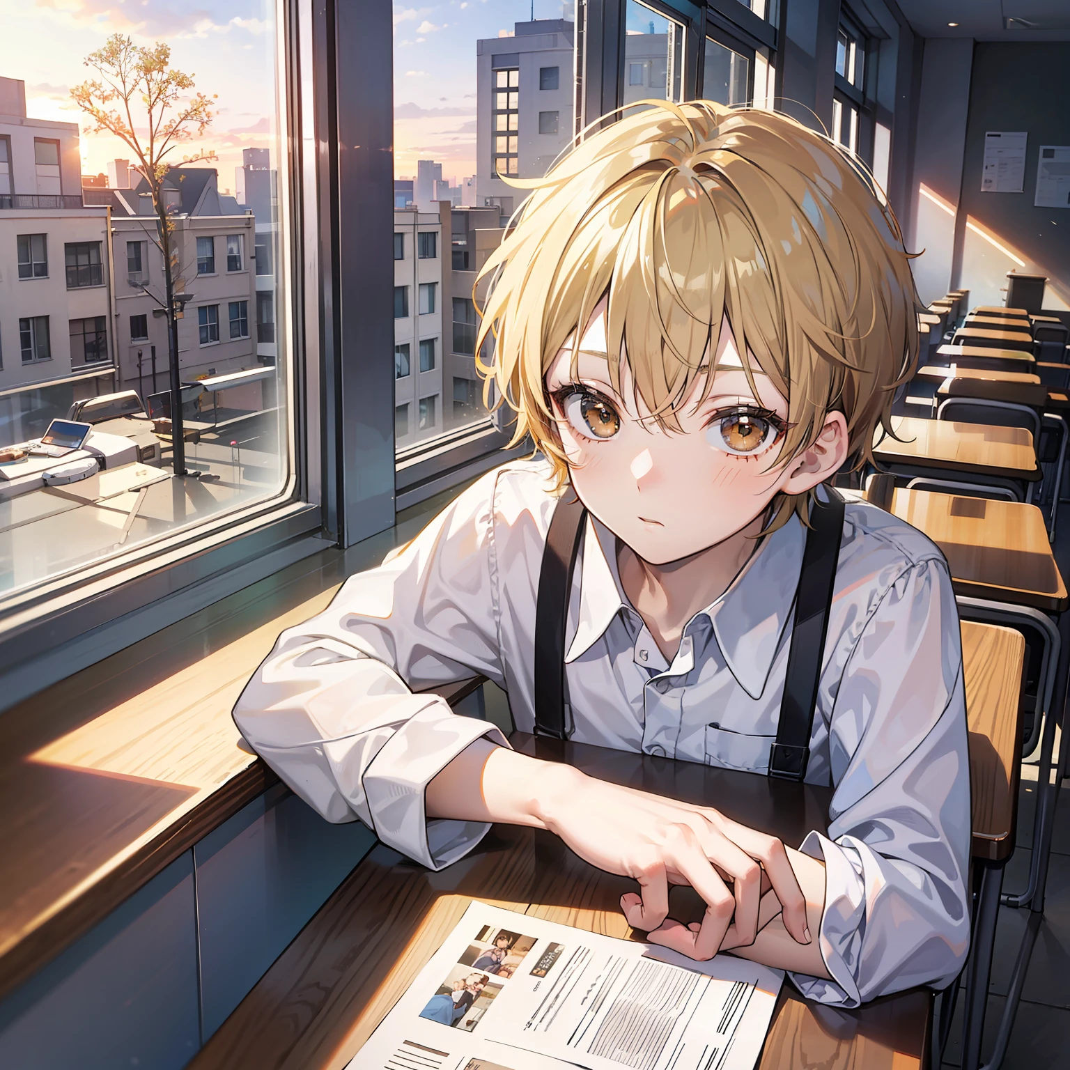  boy（Relaxed、sun beam、Kind），Short blonde hair，Light brown eyes，Lie on your desk in the classroom，Look out the window，tmasterpiece，hightquality