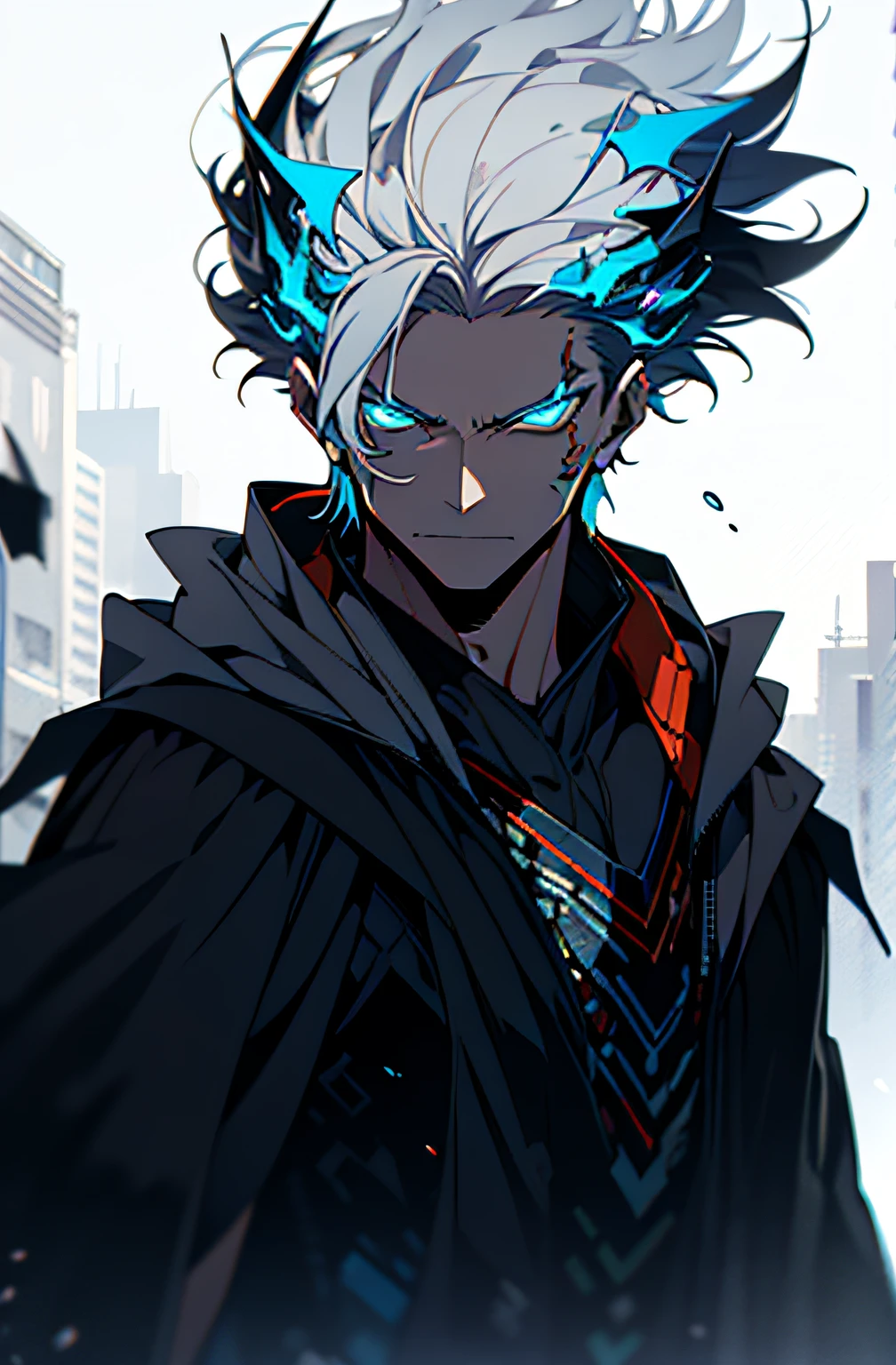 Cyberpunk male, fantasy world, dark background, clean design, epic instagram, artstation, colorful paint splatter, silhouette, hyper detailed intricate details, unreal engine, fantasy, intricate details, splash screen, complementary colors, Fantasy concept art, 8k resolution, deviantart masterpiece, oil painting, heavy strokes, paint dripping, (isolated on white background: 1.3), rainbow skin, (((handsome young man))), ((teenage:1.5) ), (glowing blue eyes), ((light eyes)), ((((short white hair: 1.1))), ((black clothes)), (prince\\(indifferent expression\\),, ( ((Wears high detail luxurious black robe))), white hair, frost magic, ((chest) --v 6