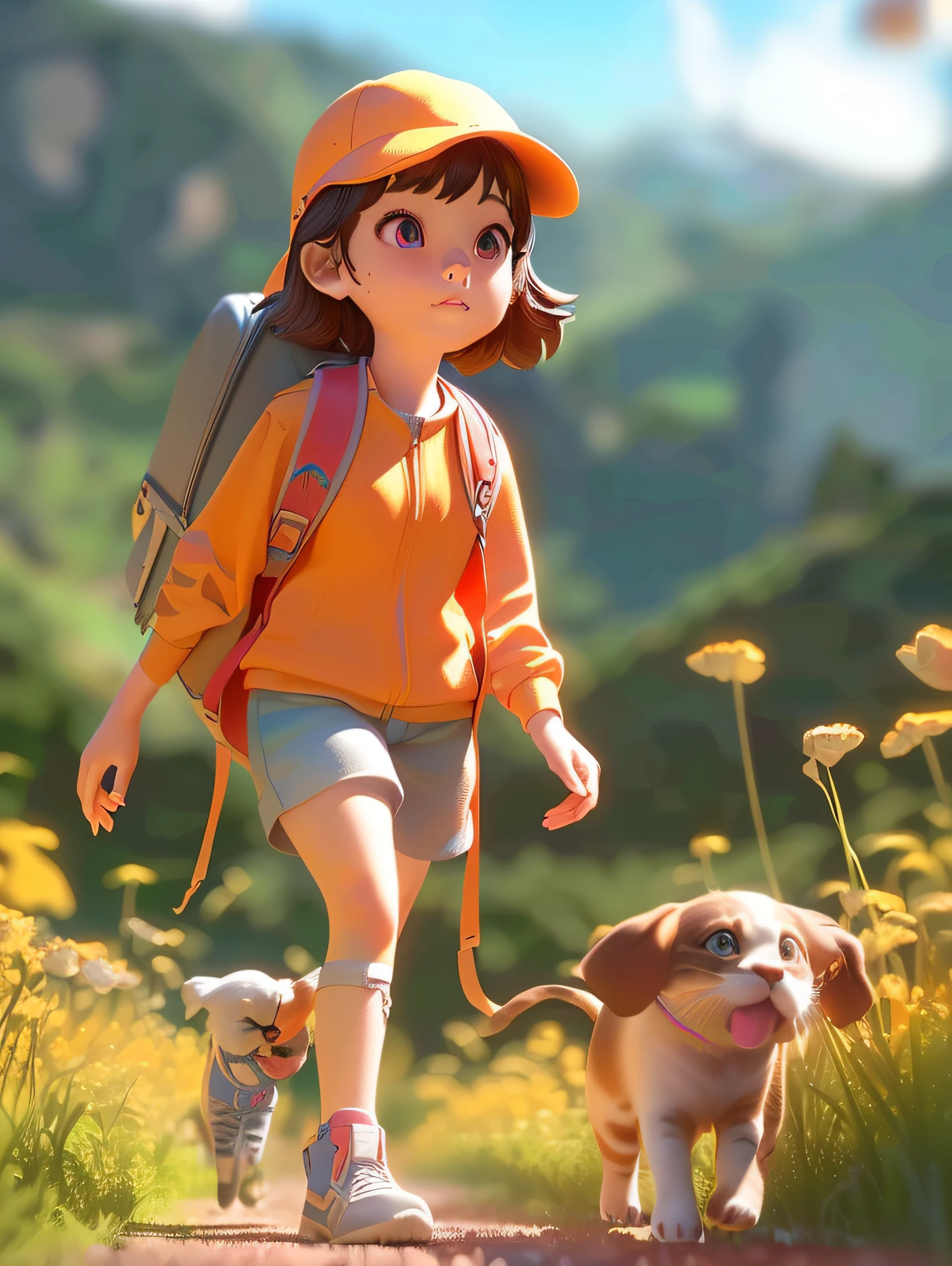 Cartoon girl with cat walking on a path in a field，Nobodies。Unreal Engine 5，Animation-style rendering，atey ghailan 8 k，Children's art in ArtStation，adventure hyper realistic render，lovely digital painting，cute 3 d render，cute detailed digital art，Female explorer mini cute girl，Inspired by Atey Ghailan