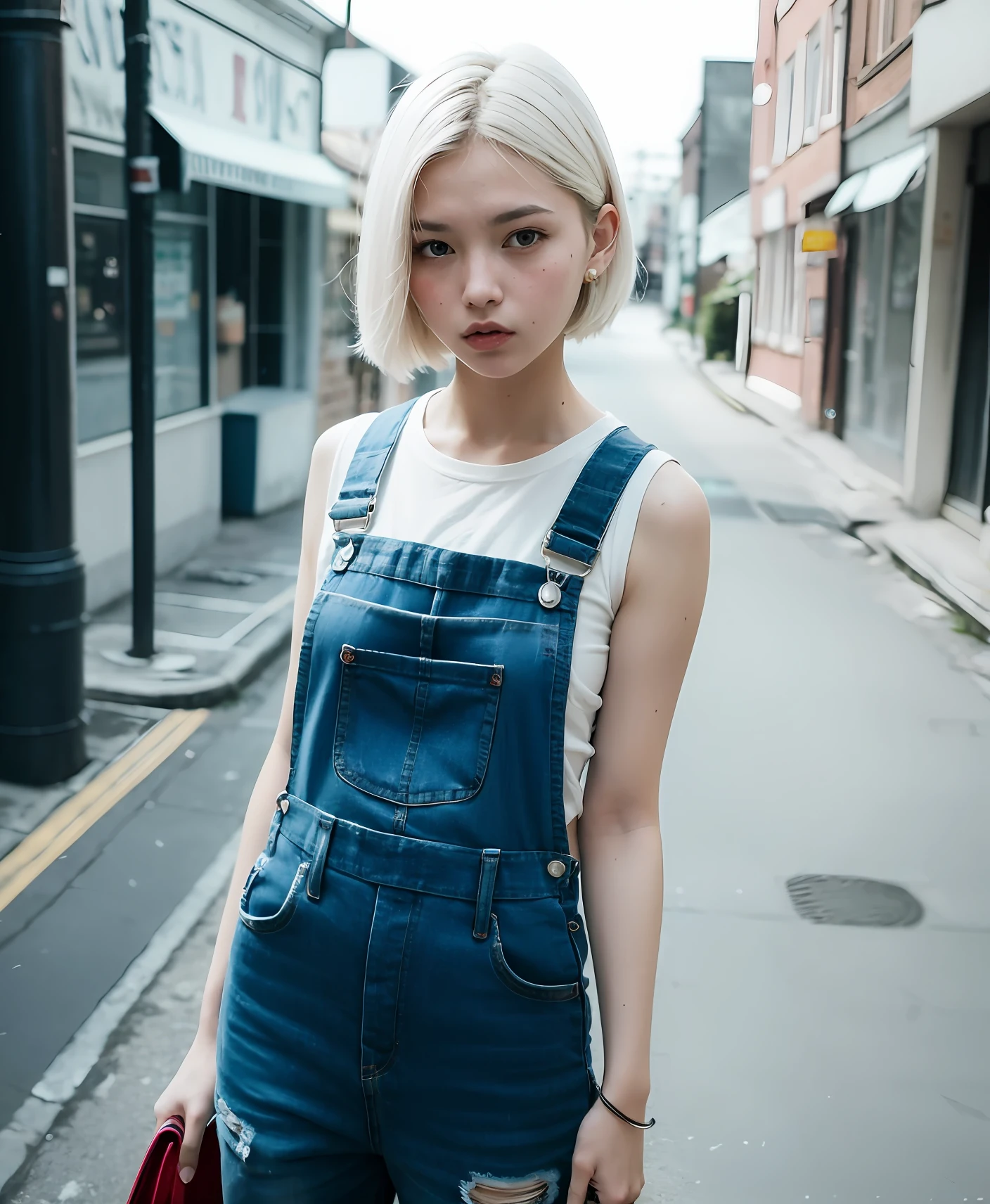 A beautiful girl，white color hair，Light blue and white overalls，Red pupils，indifferent expression，Behind it is a dimly lit city，highcontrast，Light and shadow coordination