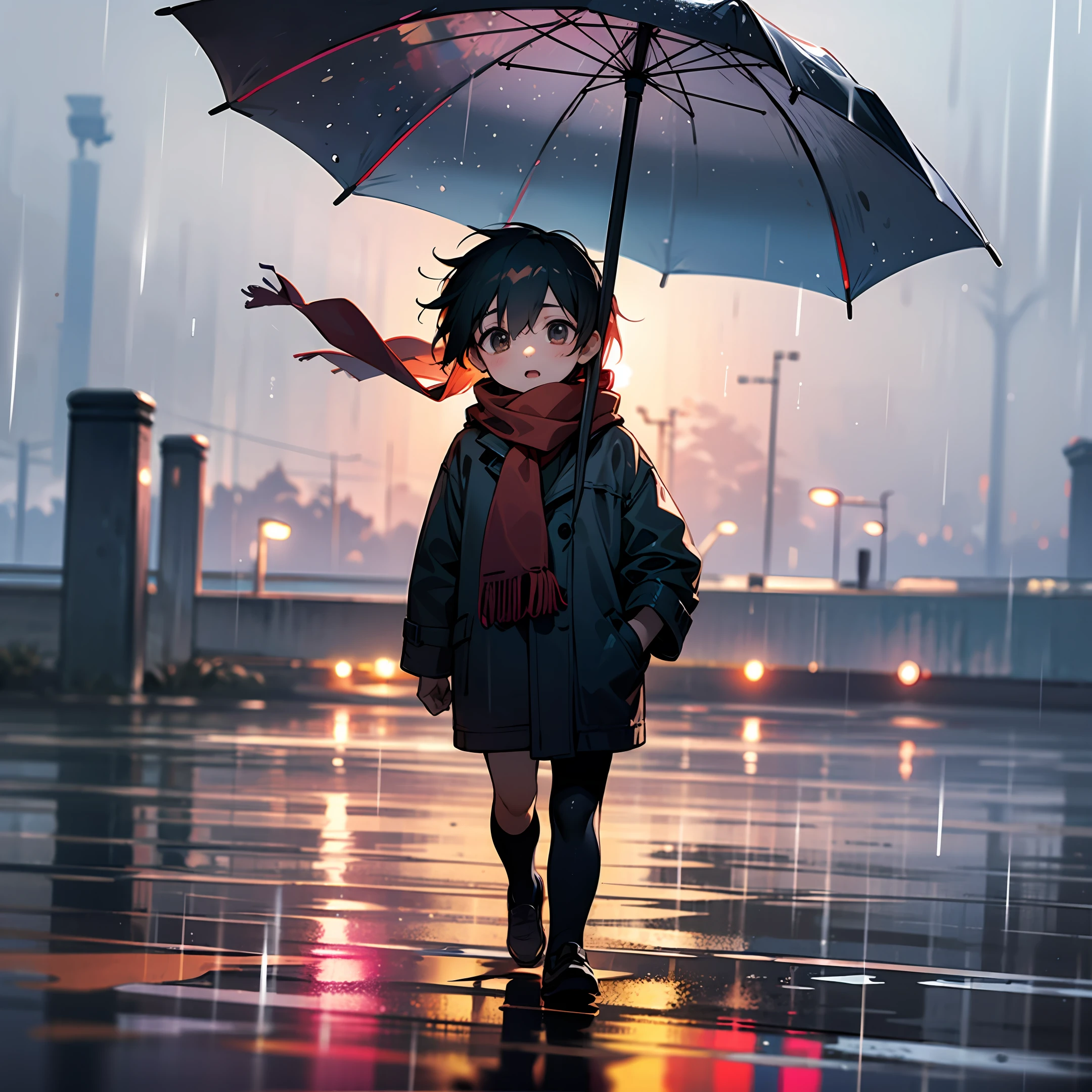 Little Shota wearing a red scarf walks in the rain。