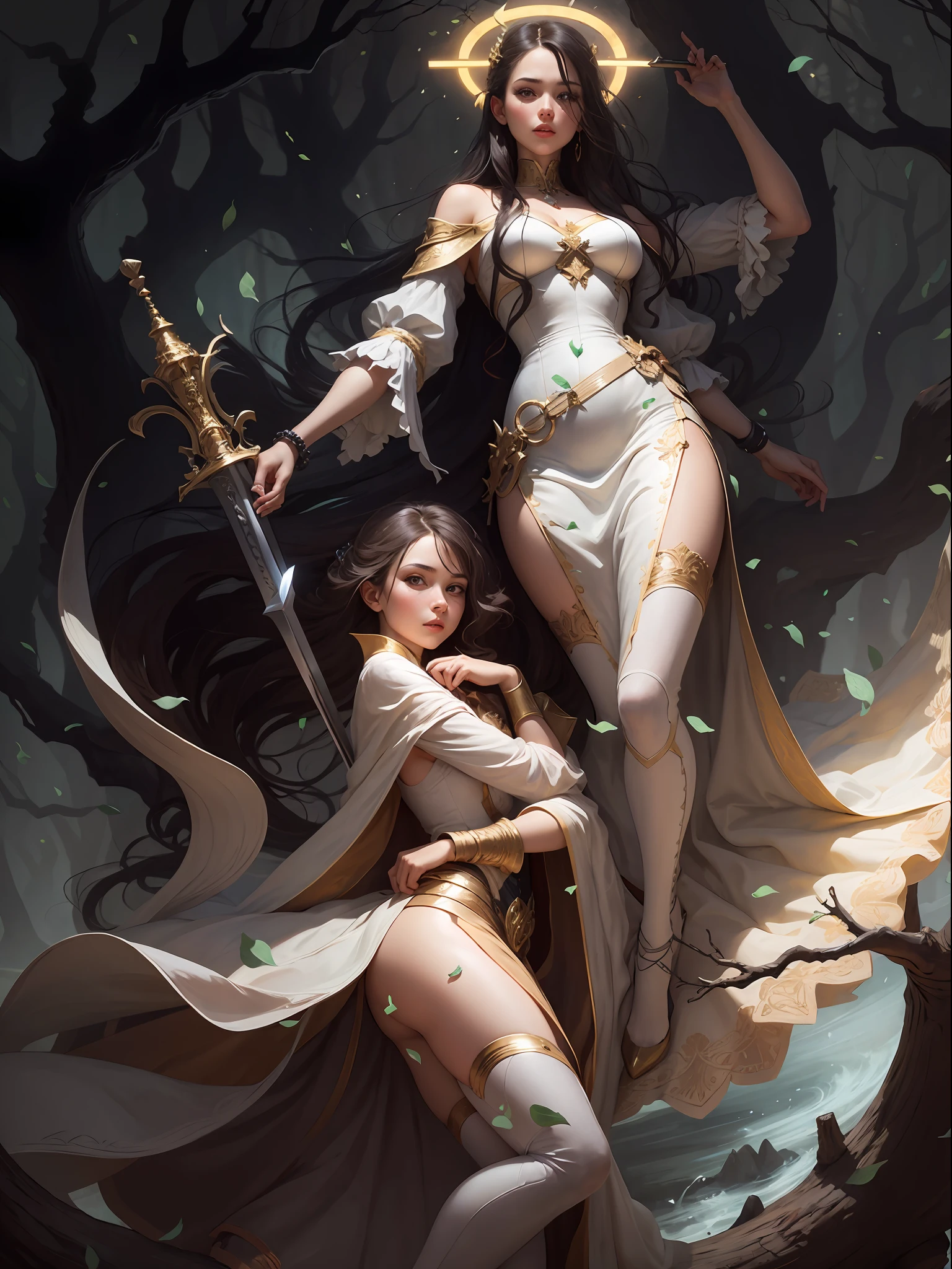 (tmasterpiece),1. The girl holds a long sword in her hand and looks ahead,The halo,white clothes,(cloudless sky,smog,Pillar of light,Huge dead tree background),Deep tree holes,Shadows are clear,The colors are natural,Beautiful painting masterpiece,