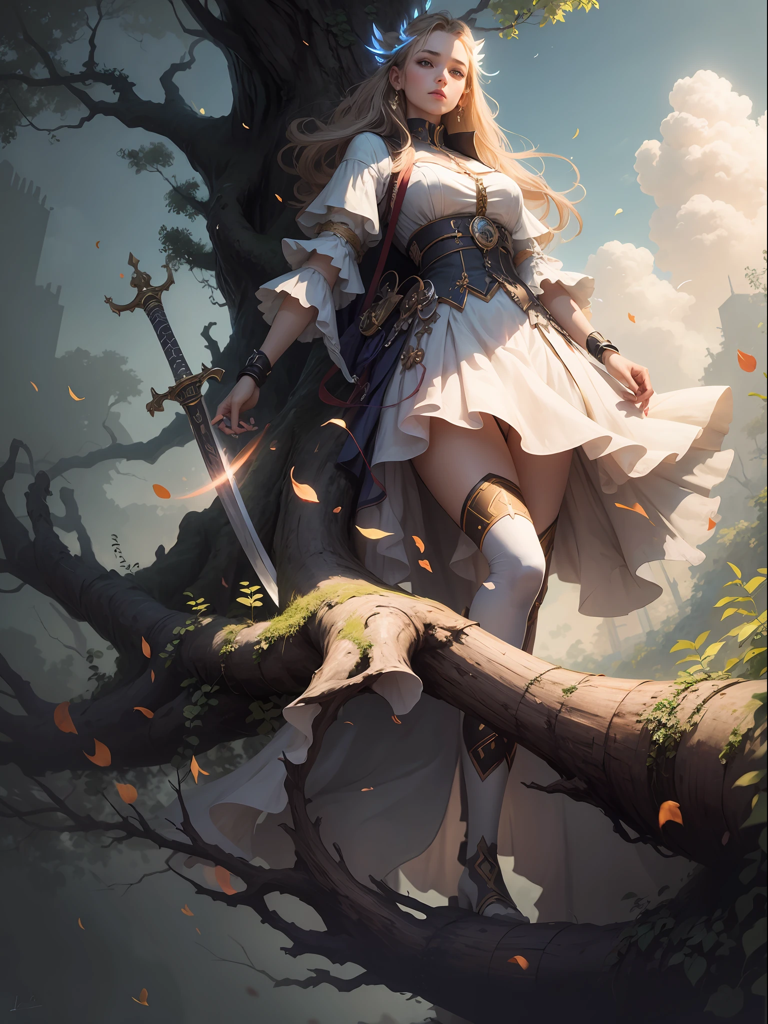 (tmasterpiece),1. The girl holds a long sword in her hand and looks ahead,The halo,white clothes,(cloudless sky,smog,Pillar of light,Huge dead tree background),Deep tree holes,Shadows are clear,The colors are natural,Beautiful painting masterpiece,
