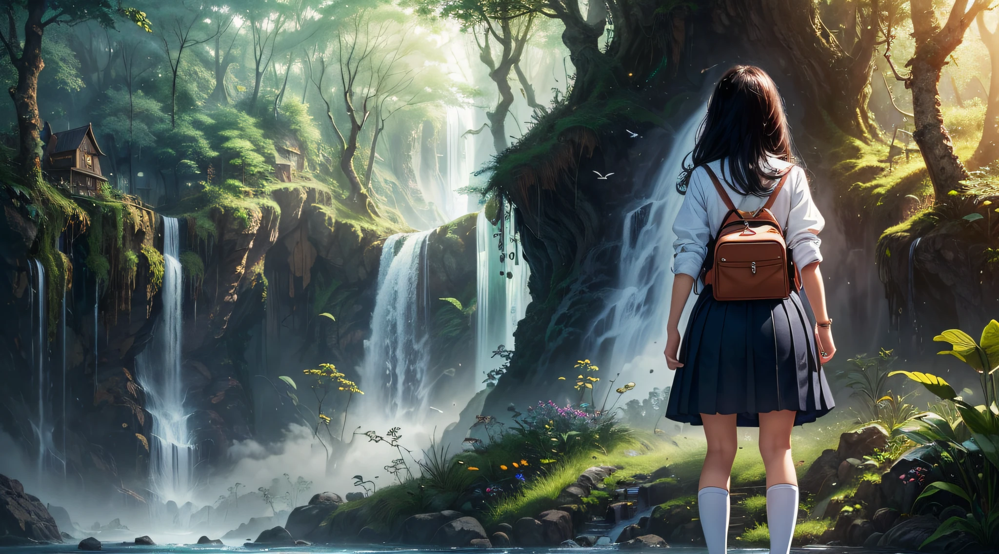 ((masterpiece)), (((best quality))), ((ultra-detailed)), (Amazing:1.1), A back view of a high school girl, ((A beautiful high school girl lost in a surreal world of dreamlike landscapes)), A high school girl shopping in a mysterious shopping street, A floating island in the sky, A waterfall flows from the floating island, (r old)erson from behind, flowers, wind flow, (((wearing school uniform))), black eyes, black hair, white socks, 8 life size, detailed hairstyles, detailed bodyline, realistic, (((fantasy))), frontier, surrealism, in a deep forest, concept art, raw, detailed background, complex background, wallpaper, poster, sharp focus, hyperrealism, insanely detailed, lush detail, filigree, intricate, crystalline, perfectionism, max detail, 4k uhd,