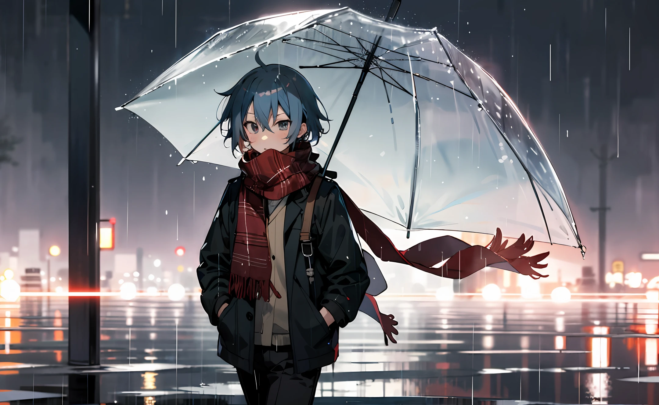 Anime Koshota with a red scarf walking in the rain。