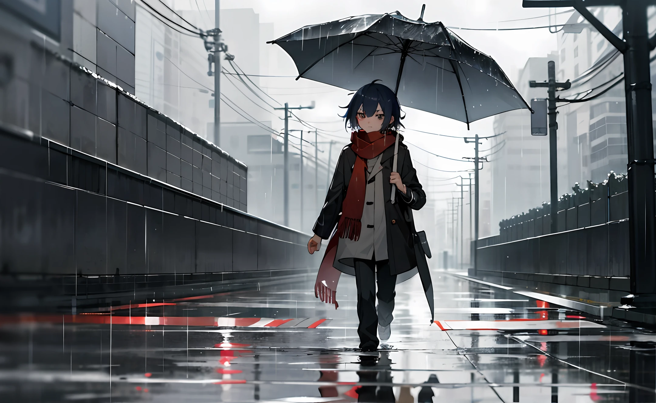 Anime Koshota with a red scarf walking in the rain。