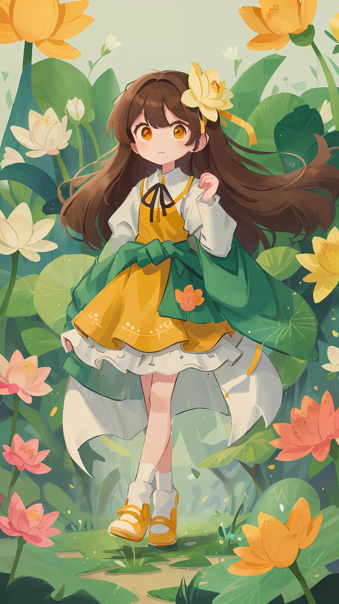 highly details, Hyper-detailing, super high-RES，（A girl with brown hair and orange eyes：1.4），（（（middle long hair））），hair between eye，(（（The white silk coat is a bit yellow and yellow-green））)，One was wearing a short dark green skirt，（A pink lotus flower is worn on the right side of the forehead），Cartoon girl with pink flowers and green leaves in her hair，Full body adoption，The character is adoptable，（A light yellow ribbon is tied around the waist），Long and wide sleeves，Mihoyo art style，highly_Detailed，sportrait，（（（tmasterpiece））），（（（best quailty））），（Black_Background：1.4），Simple_Background