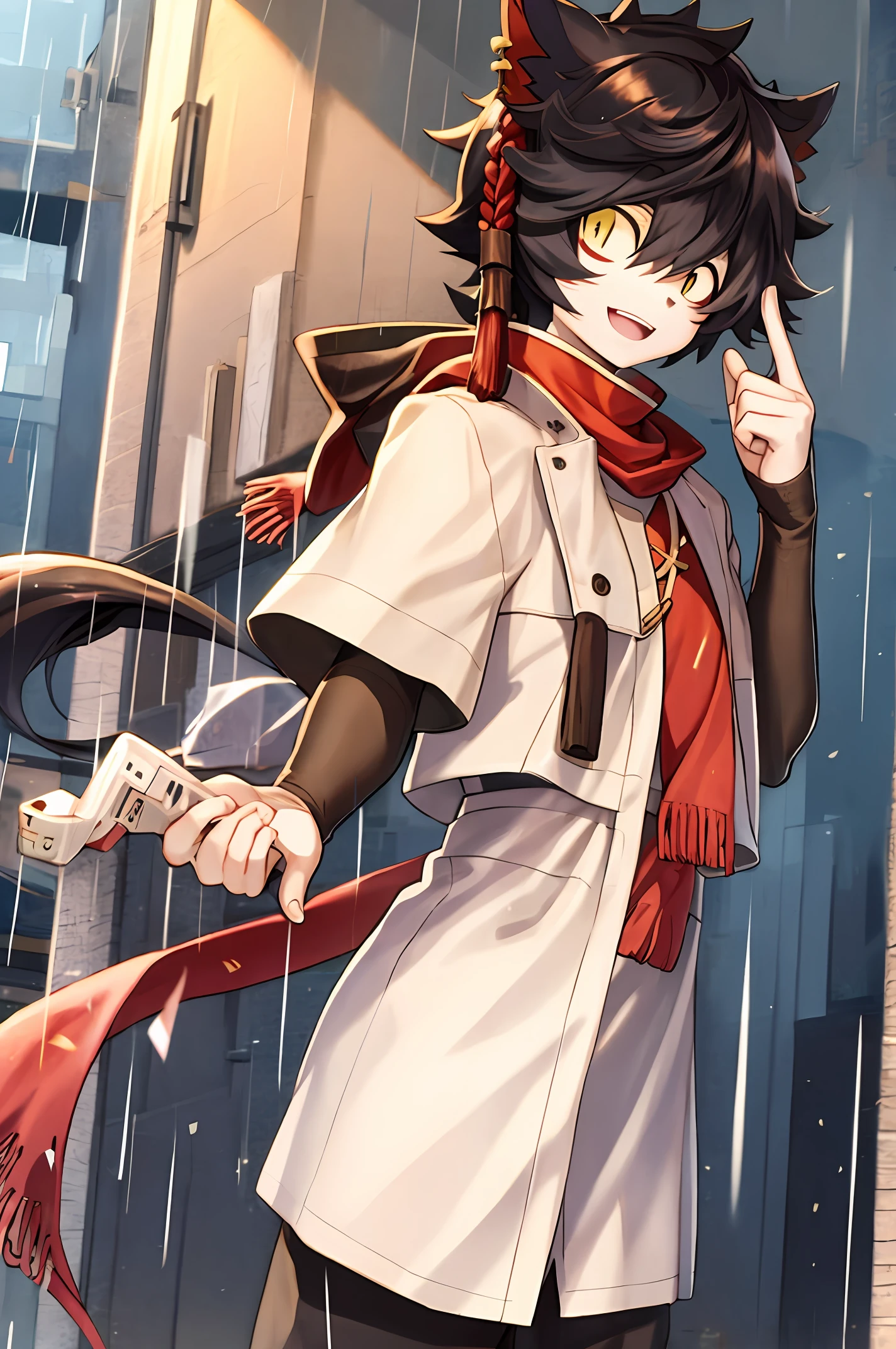 Anime Koshota with a red scarf walking in the rain。