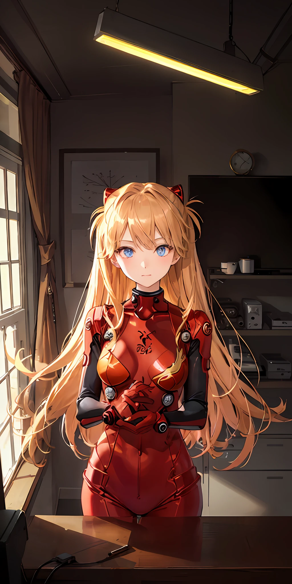 (Overhead view),dynamic angle,ultra-detailed, illustration, close-up, straight on, 1girl, 
 ((souryuu asuka langley, interface headset, red bodysuit:1.4, blonde)),Her eyes shone like dreamy stars,(glowing eyes:1.233),(beautiful and detailed eyes:1.1),(expressionless,closed mouth),(standing), 
(mechanic room with toolsand spaceship windowin a white SPACESHIP),
(night:1.2),dreamy, [[delicate fingers and hands:0.55]::0.85],(detail fingers),