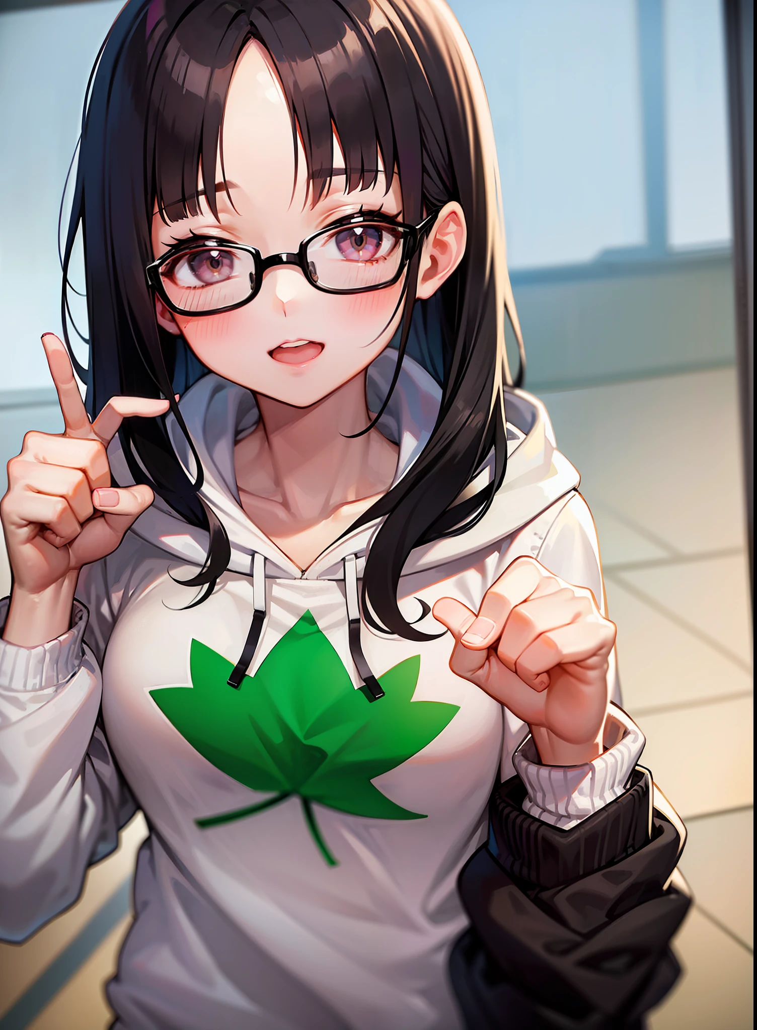 There was a woman wearing glasses and a white hoodie with a green maple leaf on her chest, holding up two fingers on her head, tidy hair,By bangs, lofi-girl, Ruan cute vtuber, blunt bangs fall on her forehead, She has black hair,By bangs, she has a cute expressive face