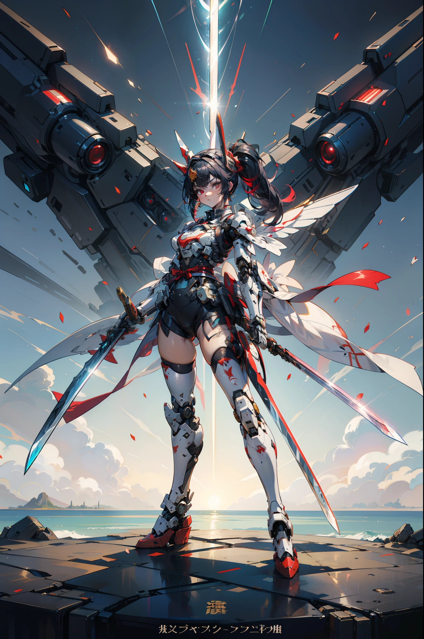 hyper quality, hyper detailed,perfect drawing,Solo, Beautiful Girl, master piece, (mecha musume), mechanical armor, headgear, mechanical wings, holding huge gunSamurai wielding a sword, Black Ponytail, Hair tied up with a large red ribbon, Equipped with two Japan swords ((extra huge oversize cool samurai_sword in hands, extra huge cool weapon machine)), open stance, action pose,purgatory,