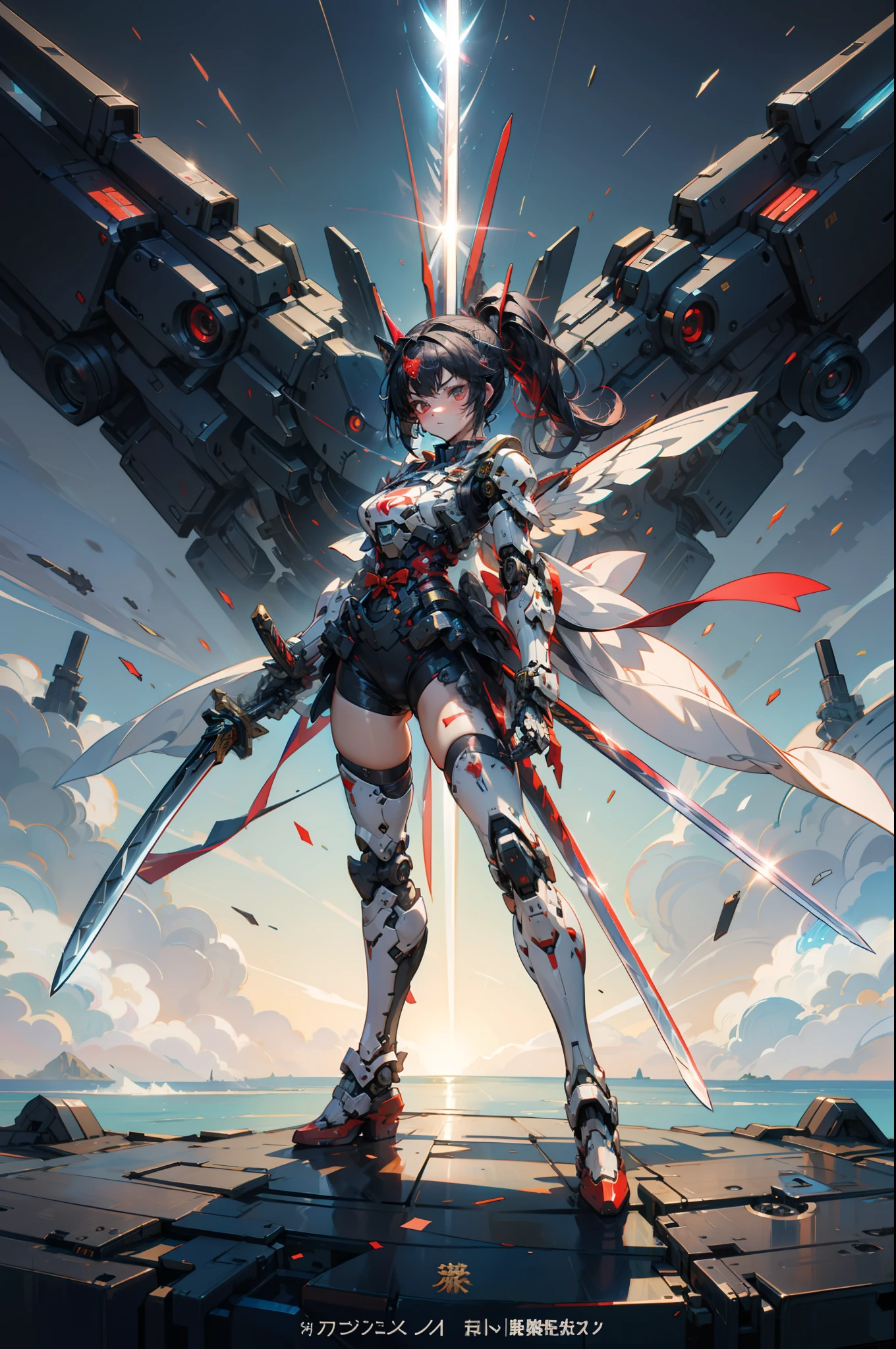hyper quality, hyper detailed,perfect drawing,Solo, Beautiful Girl, master piece, (mecha musume), mechanical armor, headgear, mechanical wings, holding huge gunSamurai wielding a sword, Black Ponytail, Hair tied up with a large red ribbon, Equipped with two Japan swords ((extra huge oversize cool samurai_sword in hands, extra huge cool weapon machine)), open stance, action pose,purgatory,