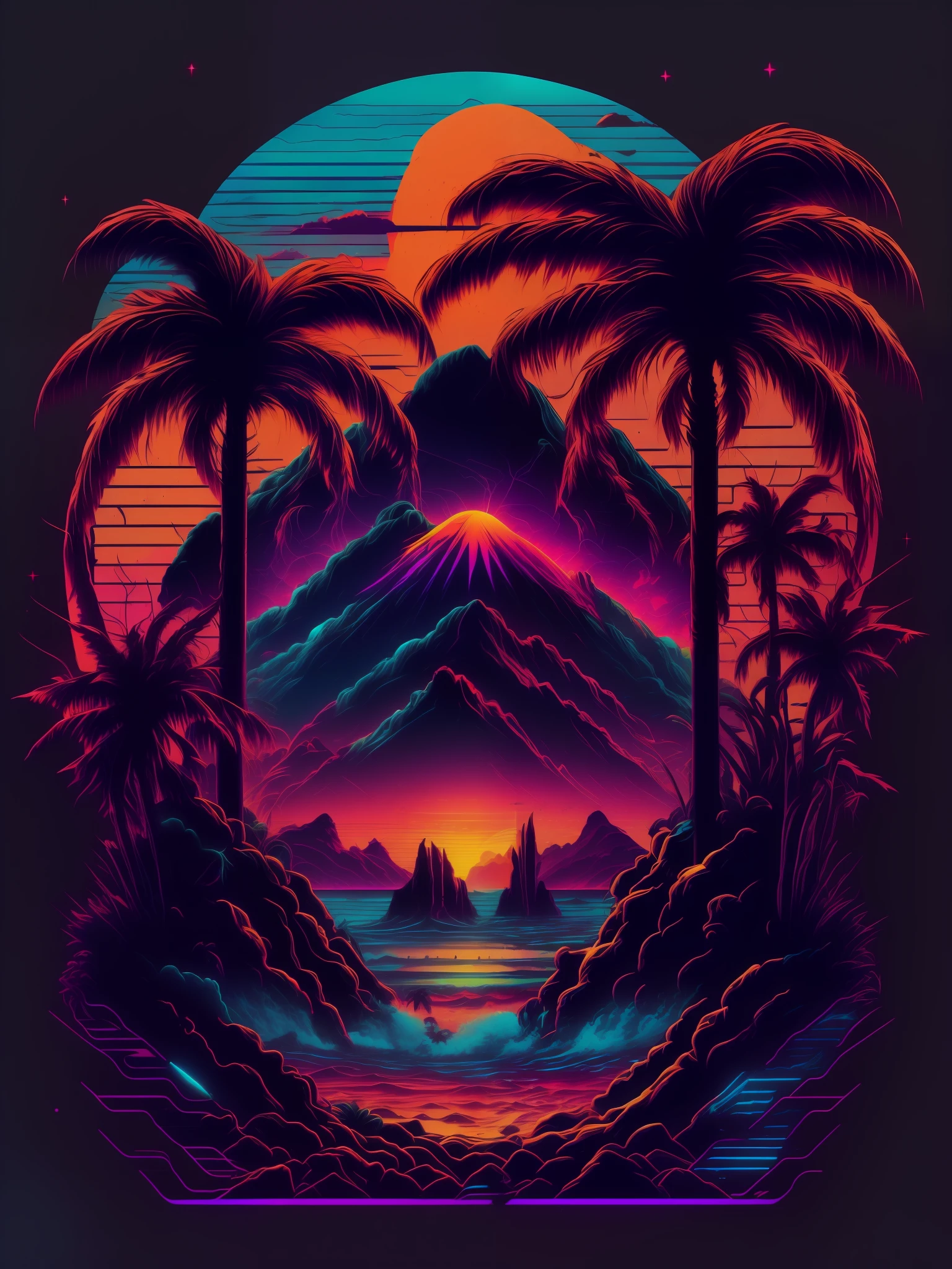 palmeiras e sol, praia e ondas, vetorizado, synthwave, roxo azul vermelho laranja, cores neon brilhantes em um fundo escuro,