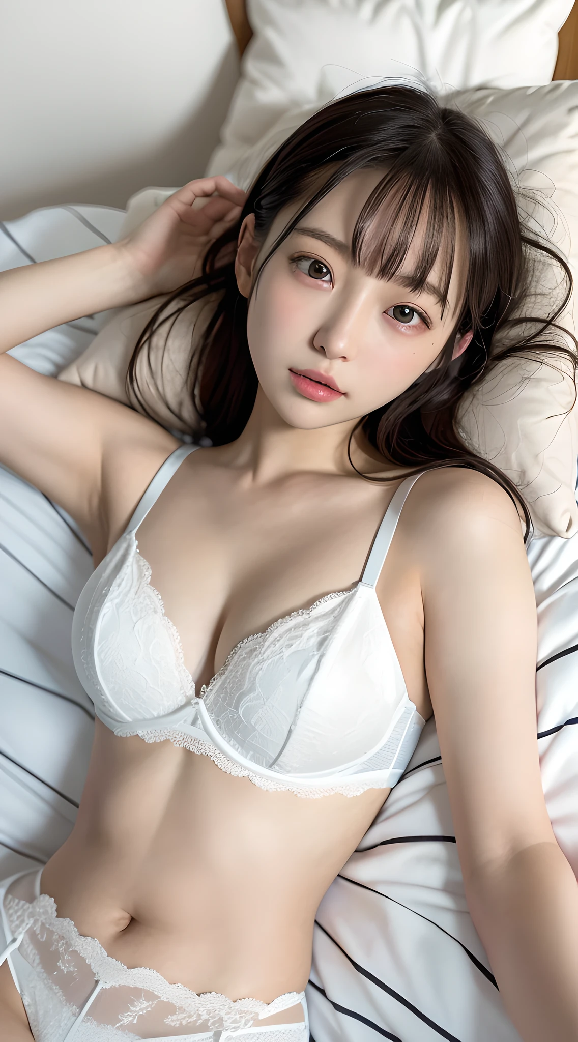 (masterpiece, best quality:1.4), delicate girl, cowboy shot, (on back, lie in bed, lie stretched out on a bed, lying down:1.2), violaceaess, gardeniass, thighs, 8k, 50mm portrait, raw photo, absurdres, white bra and pantie, looking at viewer, large breasts, thin arms, thin waist, facelight, clear lighting, film grain, chromatic aberration, [:(detailed face:1.2):0.2], bedroom, simple background
