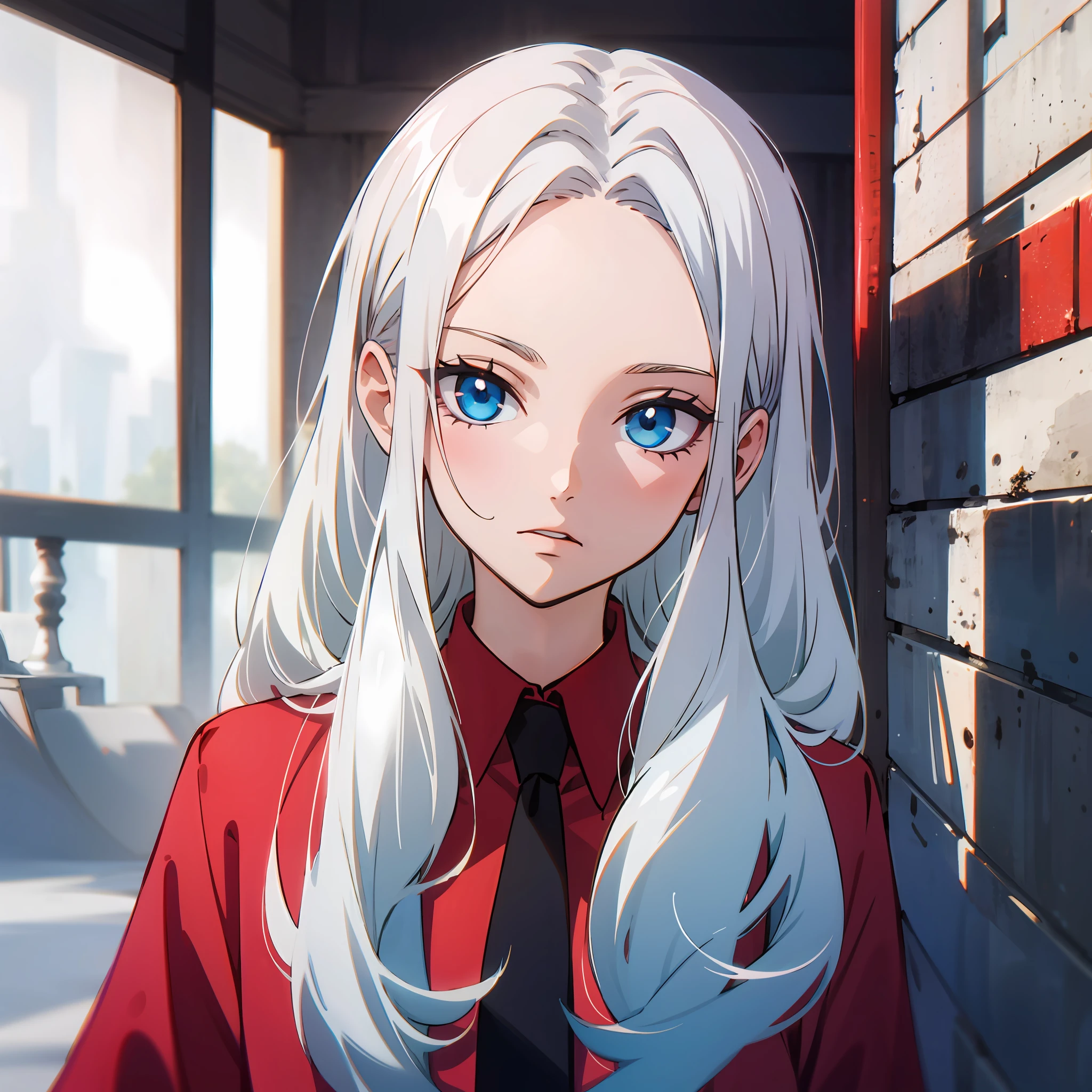 white colored hair, forehead, Long hair, blue eyes, Red shirt