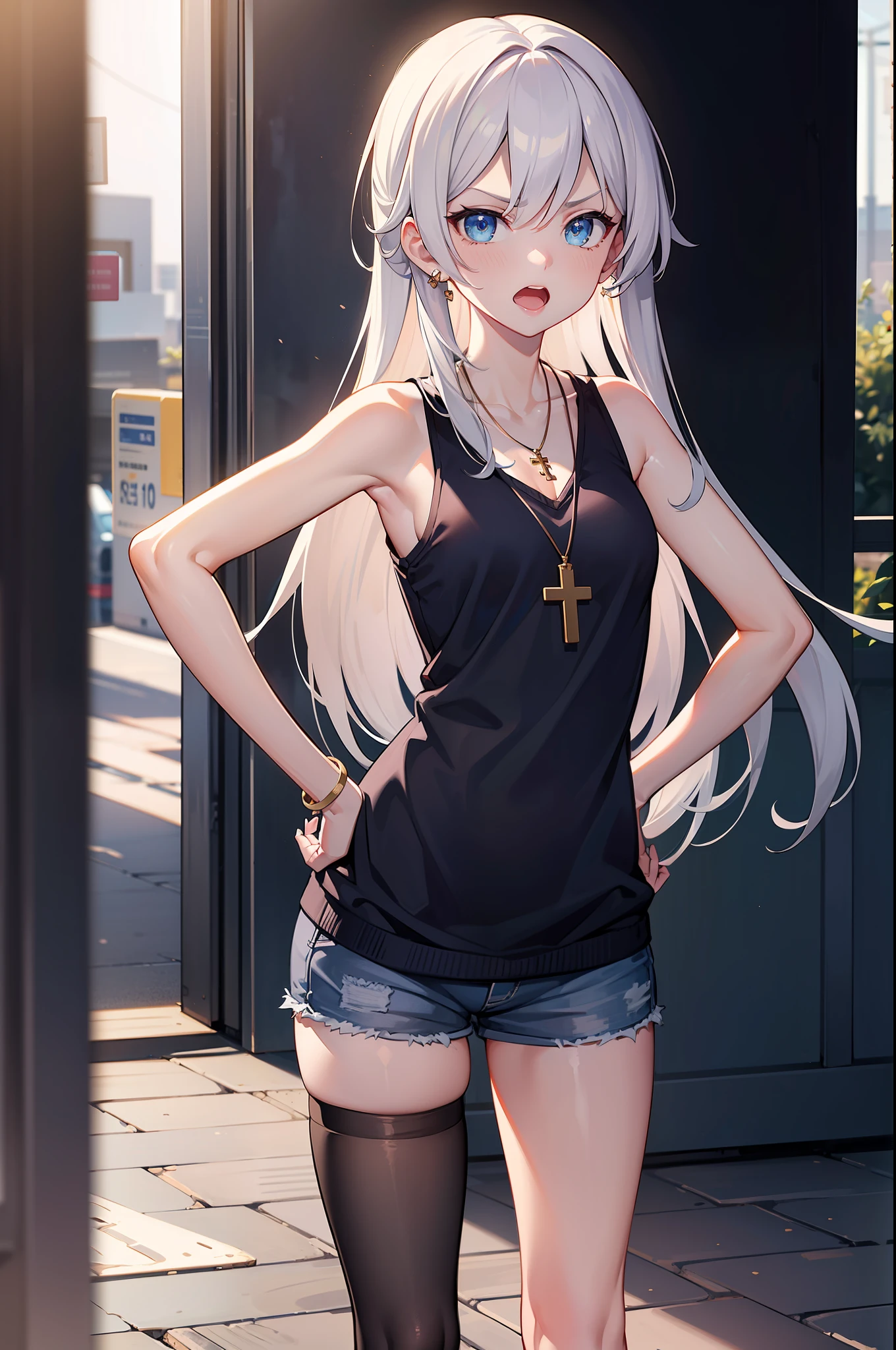 巨作, Best quality, 巨作,Best quality,offcial art,Extremely fine CG uni crewneck y 8k wallpaper, golden hour lighting, strong rimlight, intense shadow, at cyberpunk city, art book,, White hair,  Blue eyes, Small breasts, Sleeveless shirt, upshorts, kneehighs, jitome, half-closed eye, :crewneck, ((low-tied long hair)),hair between eye,（A look of disdain），（Gradient hair）,dyed bangs,Cross necklace，hand on hips,Leaning forward,Open mouth,Naughty face,thin,a little angry,