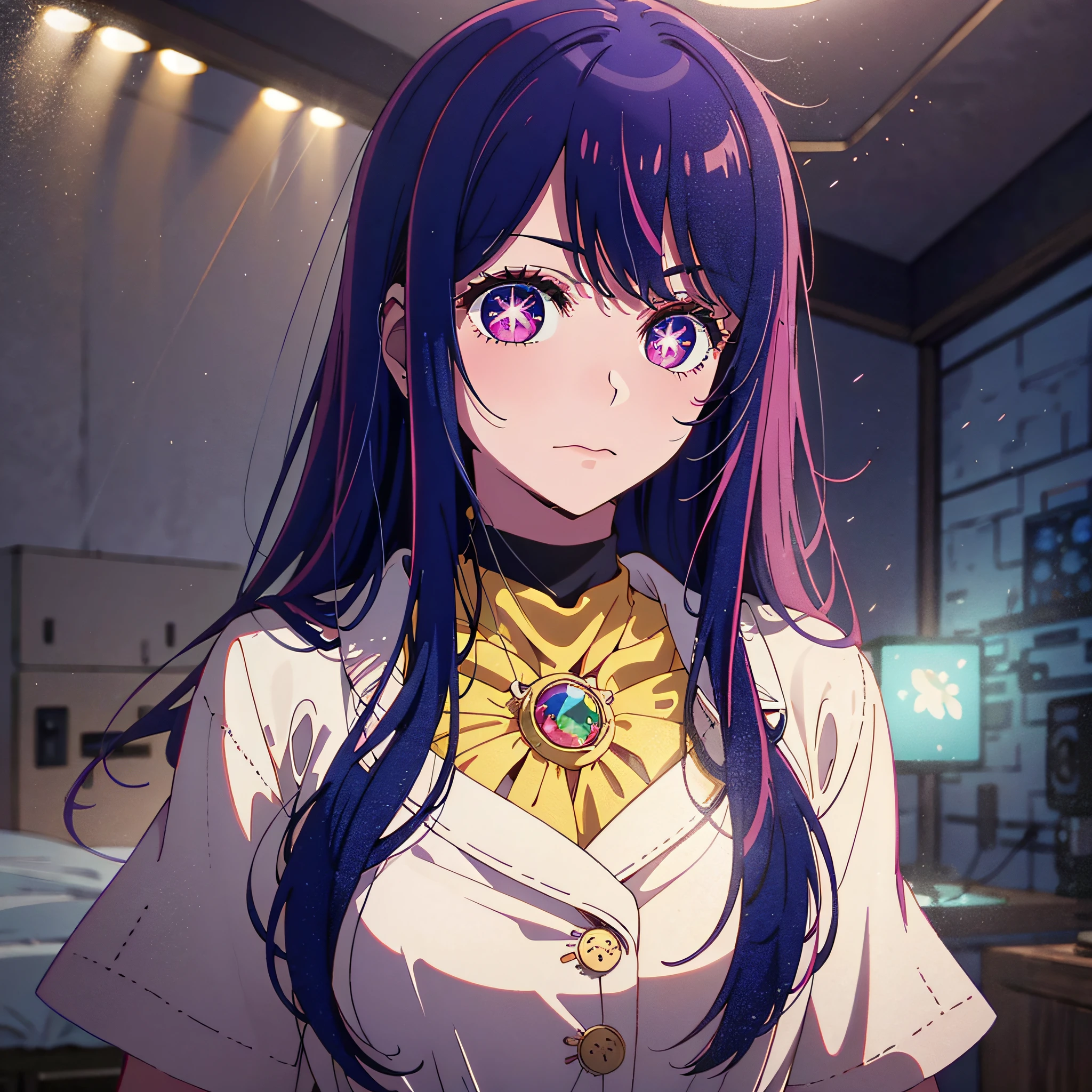 A high resolution，HighestQuali，illustratio，ultra detali，（Detailed face），（Detailed eyes），cinmatic lighting，best quailty，ultra detali，tmasterpiece，Fine lines，1girlhugebreasts，独奏，purple color  hair，Purple eye，White coat，Pink shirt，jewelry，choker necklace，gloweyes，llight rays，（a color），Upper body body，inside room，liveroom