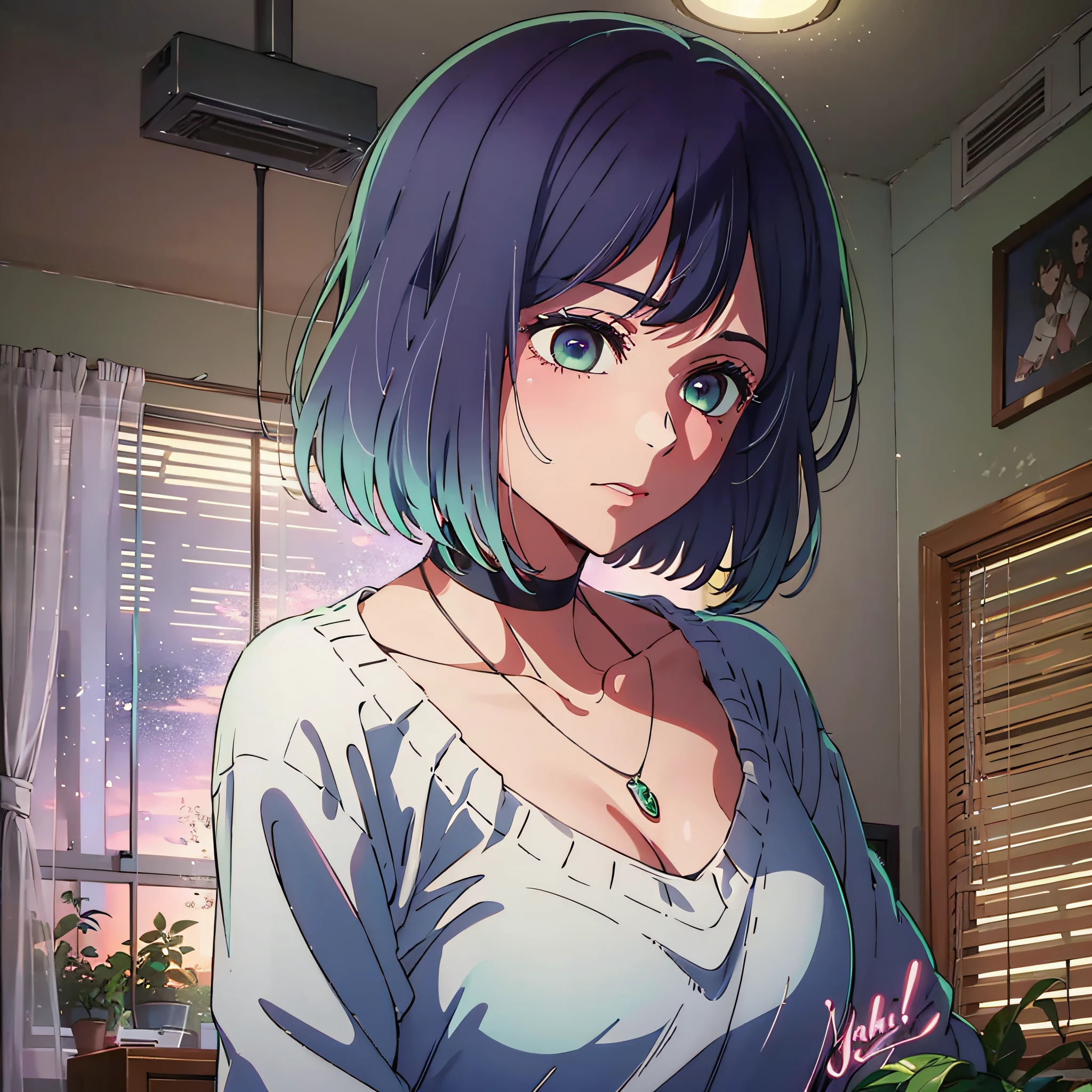 A high resolution,HighestQuali,illustratio,ultra detali,(Detailed face),(Detailed eyes),cinmatic lighting,best quailty,ultra detali,tmasterpiece,Fine lines,1girlhugebreasts,独奏,purple color hair,Purple eye,White coat,Pink shirt,jewelry,choker necklace,gloweyes,llight rays,(a color),Upper body body,inside room,
