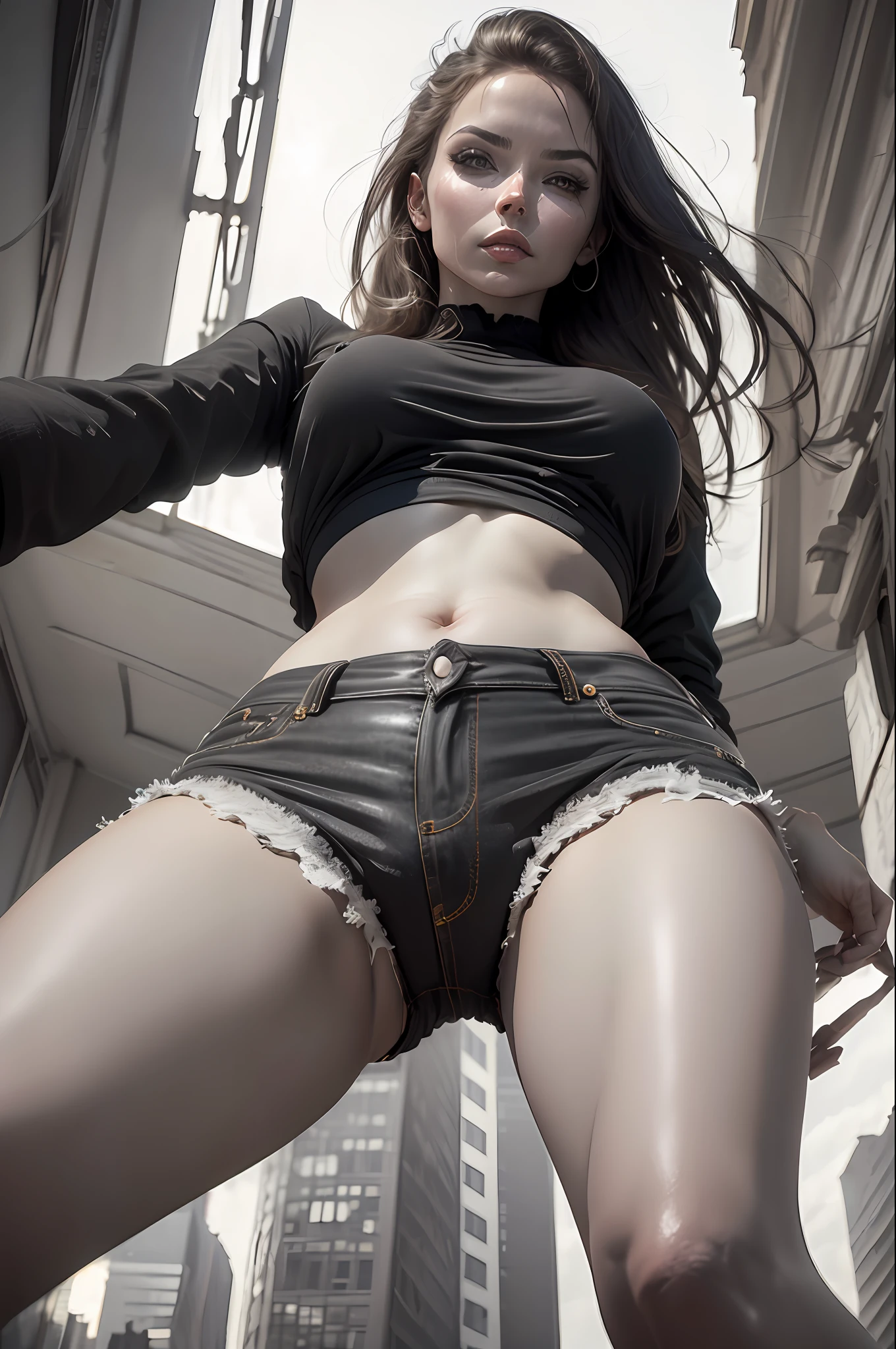 woman, (((from below))), busy city, foreshortening, (seductive pose), looking at viewer, mad, blackcutoffs, (eye contact), african, photorealistic, masterpiece, realistic, high contrast, hyper detailed, best quality, ultra high res, photorealistic, high resolution, detailed, raw photo,