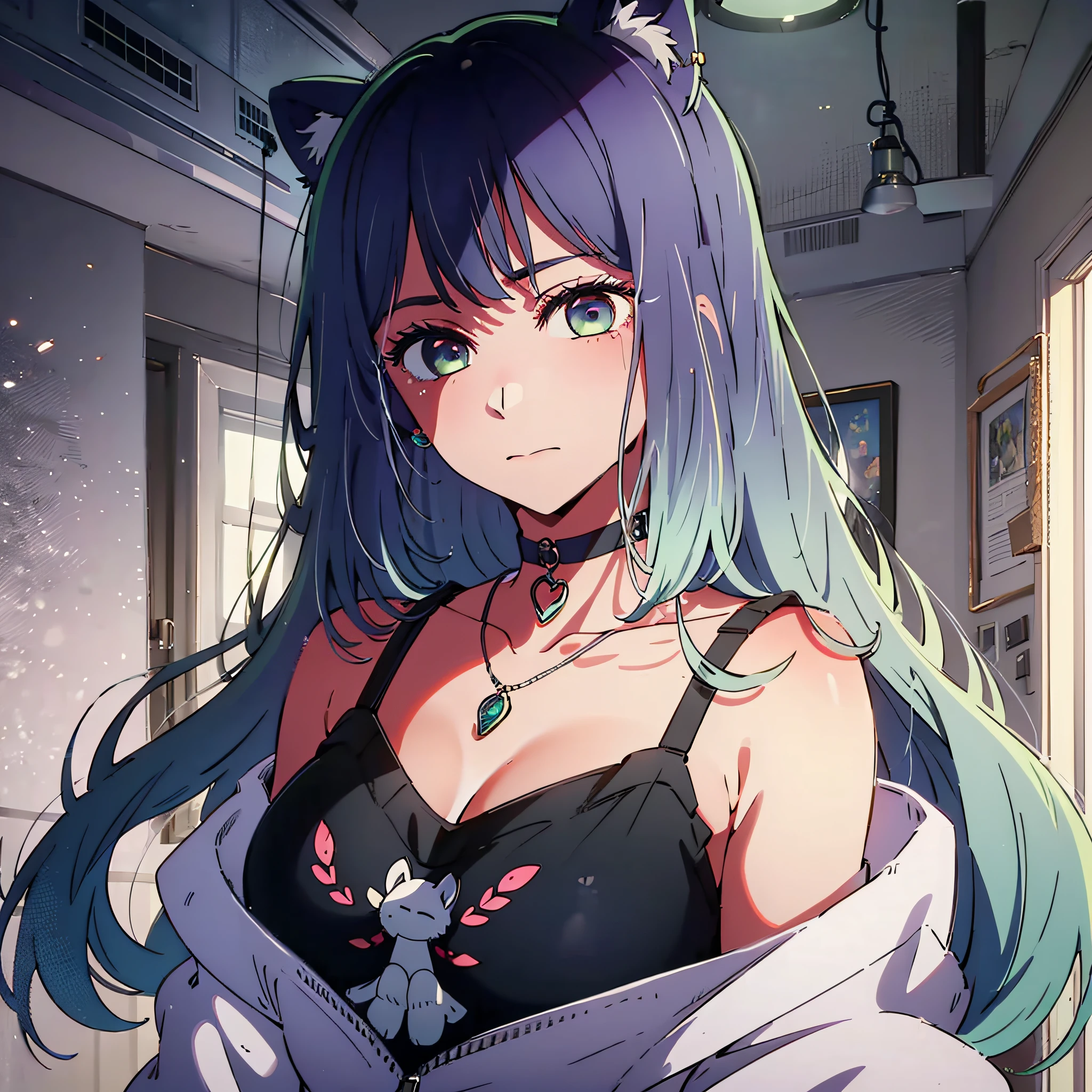 A high resolution，HighestQuali，illustratio，ultra detali，（Detailed face），（Detailed eyes），cinmatic lighting，best quailty，ultra detali，tmasterpiece，Fine lines，1girlhugebreasts，独奏，purple color  hair，Purple eye，White coat，Pink shirt，jewelry，choker necklace，gloweyes，llight rays，（a color），Upper body body，inside room，