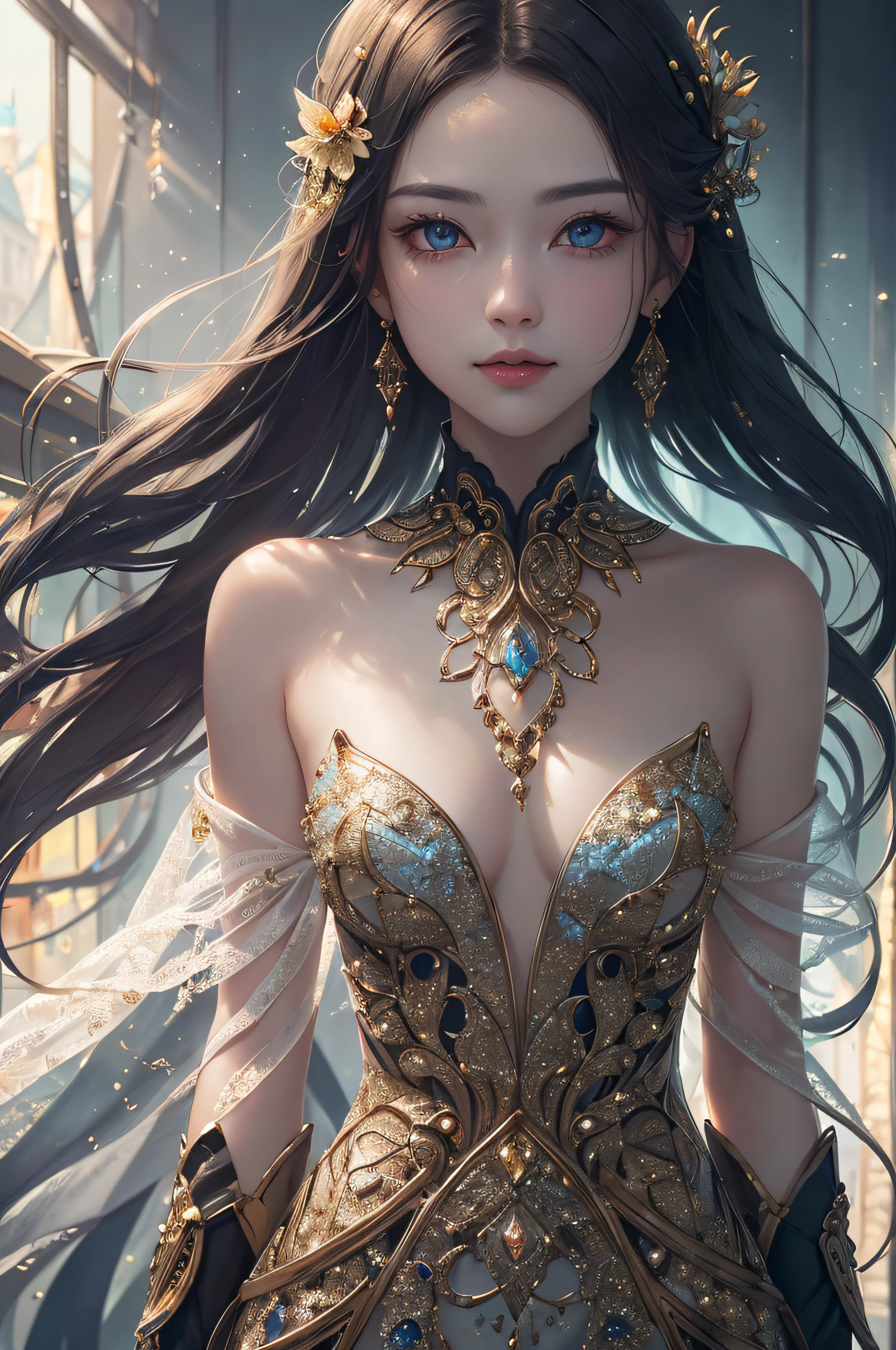 (((masterpiece))), (((best quality))), ((ultra-detailed)), (hyperrealistic), (highly detailed CG illustration), ((an extremely delicate and beautiful)),cinematic light, Create a stunning anime artwork that is currently trending on ArtStation, showcasing exquisite beauty and captivating aesthetics. The art piece should be highly detailed, featuring a compelling character and a visually appealing environment. The character in the artwork is a graceful and enchanting figure, radiating an aura of elegance. Pay close attention to intricate facial features, such as mesmerizing eyes with vibrant colors and delicate shading. The character's clothing should be designed with elaborate patterns, flowing fabrics, and rich textures, reflecting a blend of fantasy and contemporary fashion. Place the character in a captivating environment that enhances the overall appeal of the artwork. It could be a breathtaking natural landscape, a bustling futuristic cityscape, or a mystical realm filled with magical elements. Incorporate vibrant colors, dynamic lighting, and detailed background elements to create a sense of depth and immersion. Consider the latest trends in anime art, such as incorporating unique lighting effects, exploring creative composition techniques, or experimenting with unconventional color palettes. Take inspiration from the top artists on ArtStation and their exceptional execution of various art styles and themes. Camera: Choose an angle that highlights the character's beauty and the immersive environment. Lighting: Utilize atmospheric lighting techniques to create depth and mood. Resolution: Aim for a high-resolution artwork to showcase intricate details and clarity. Art Inspirations: Seek inspiration from the trending artists on ArtStation, exploring different styles, genres, and themes.