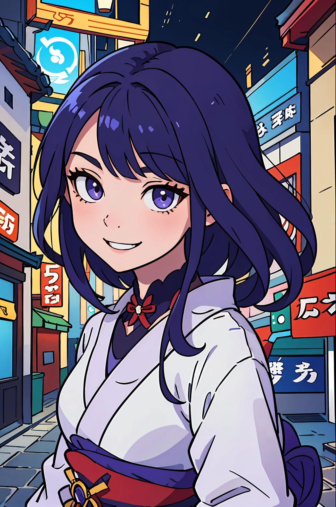 (best-quality:0.8), (best-quality:0.8), perfect anime illustration, extreme closeup portrait of a pretty woman walking through the city, blue short hair, raiden shogun (genshin impact), smile,