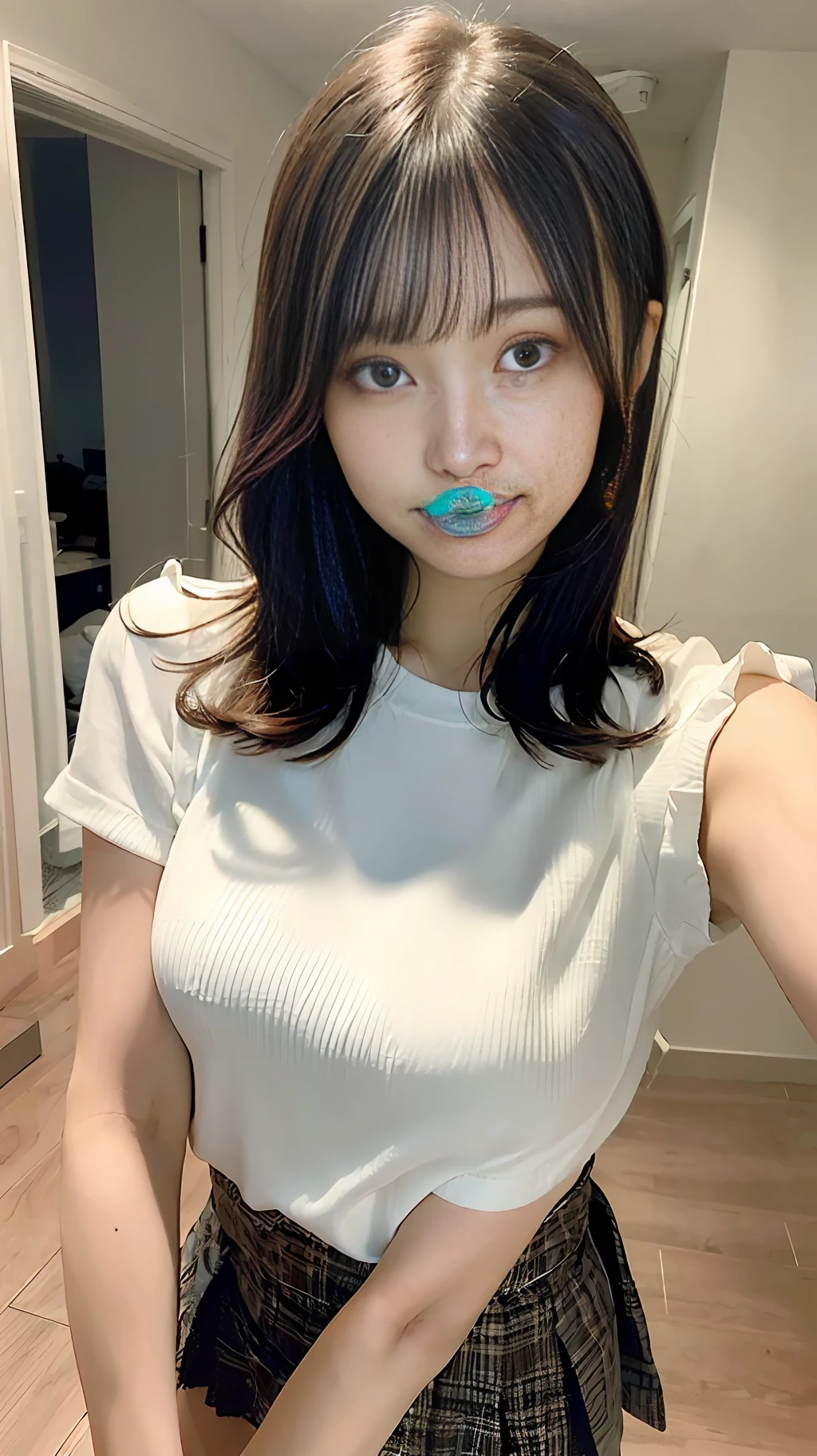 ((best quailty, 8k, tmasterpiece:1.3)), Focus:1.2, perfect figure beautiful woman:1.4, Cocked buttocks:1.2, ((Cut hair in layers, Beauty Breast 36D:1.2)), (wetclothes:1.1) , (Rain, Street:1.3), :1.1, Highly detailed facial and skin texture, detailed eye, 双眼皮,Whiten skin,Long hair micro-curls,Dark hair,(Keep one's mouth shut:1.3),ssmile,Home bedroom,Take a selfie in front of the floor-to-ceiling mirror,jk,The white shirt is tight,Super-short plaid pleated skirt,The lighting is matte
