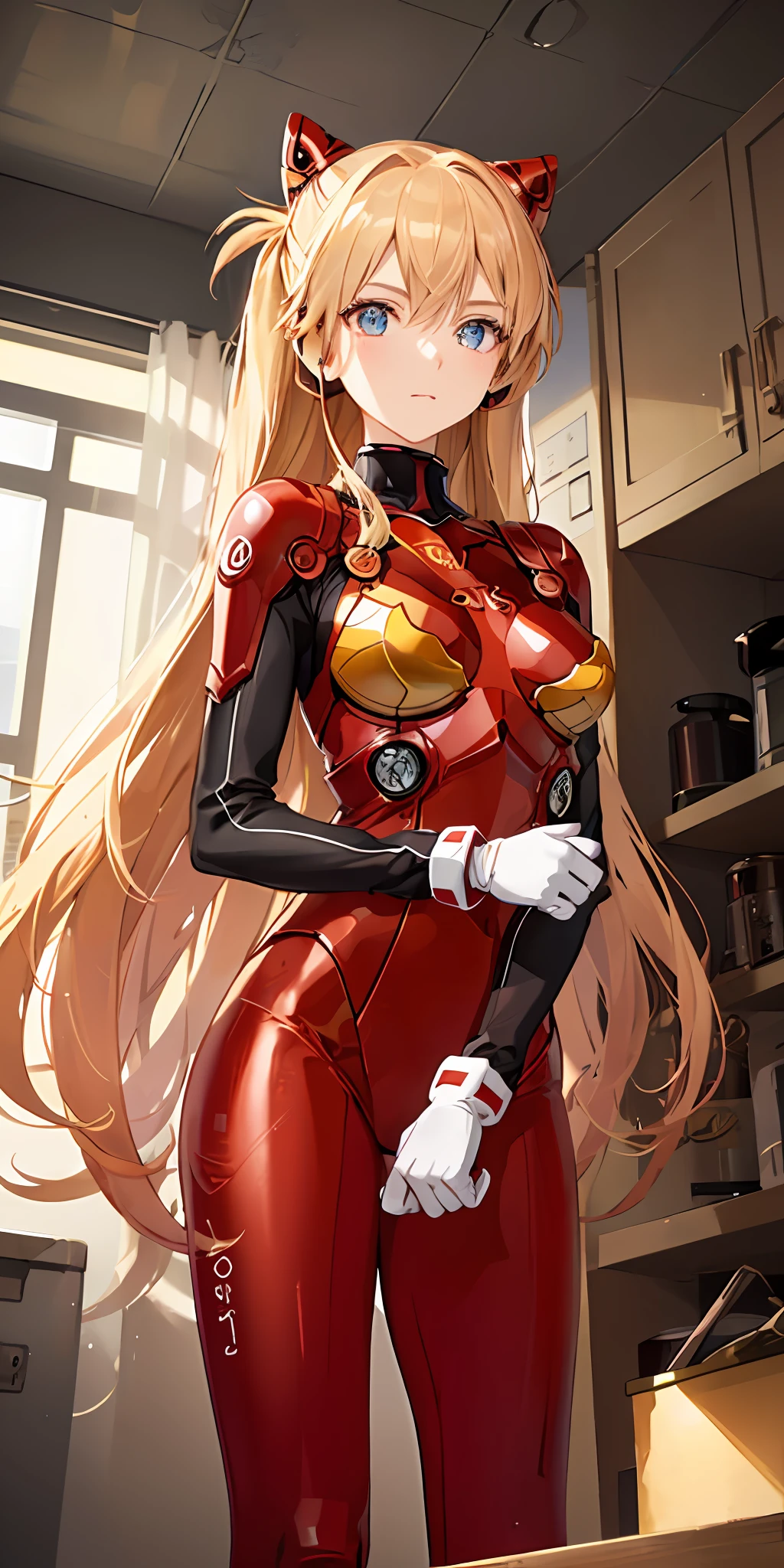 (Overhead view),dynamic angle,ultra-detailed, illustration, close-up, straight on, 1girl, 
 ((souryuu asuka langley, interface headset, red bodysuit:1.4, blonde)),Her eyes shone like dreamy stars,(glowing eyes:1.233),(beautiful and detailed eyes:1.1),(expressionless,closed mouth),(standing), 
(mechanic room with toolsand spaceship windowin a white SPACESHIP),
(night:1.2),dreamy, [[delicate fingers and hands:0.55]::0.85],(detail fingers),