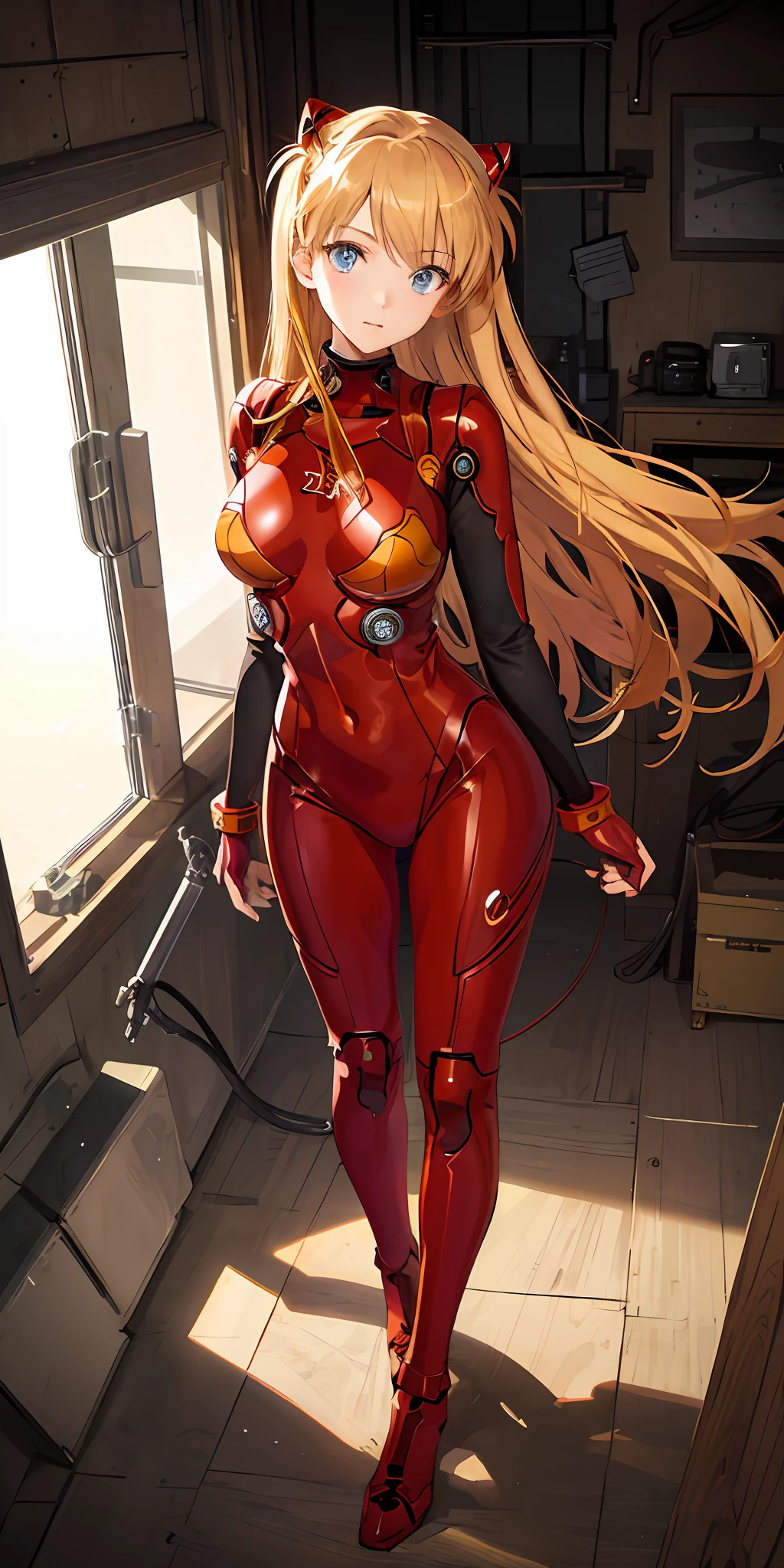 (Overhead view),dynamic angle,ultra-detailed, illustration, close-up, straight on, 1girl, 
 ((souryuu asuka langley, interface headset, red bodysuit:1.4, blonde)),Her eyes shone like dreamy stars,(glowing eyes:1.233),(beautiful and detailed eyes:1.1),(expressionless,closed mouth),(standing), 
(mechanic room with toolsand spaceship windowin a white SPACESHIP),
(night:1.2),dreamy, [[delicate fingers and hands:0.55]::0.85],(detail fingers),