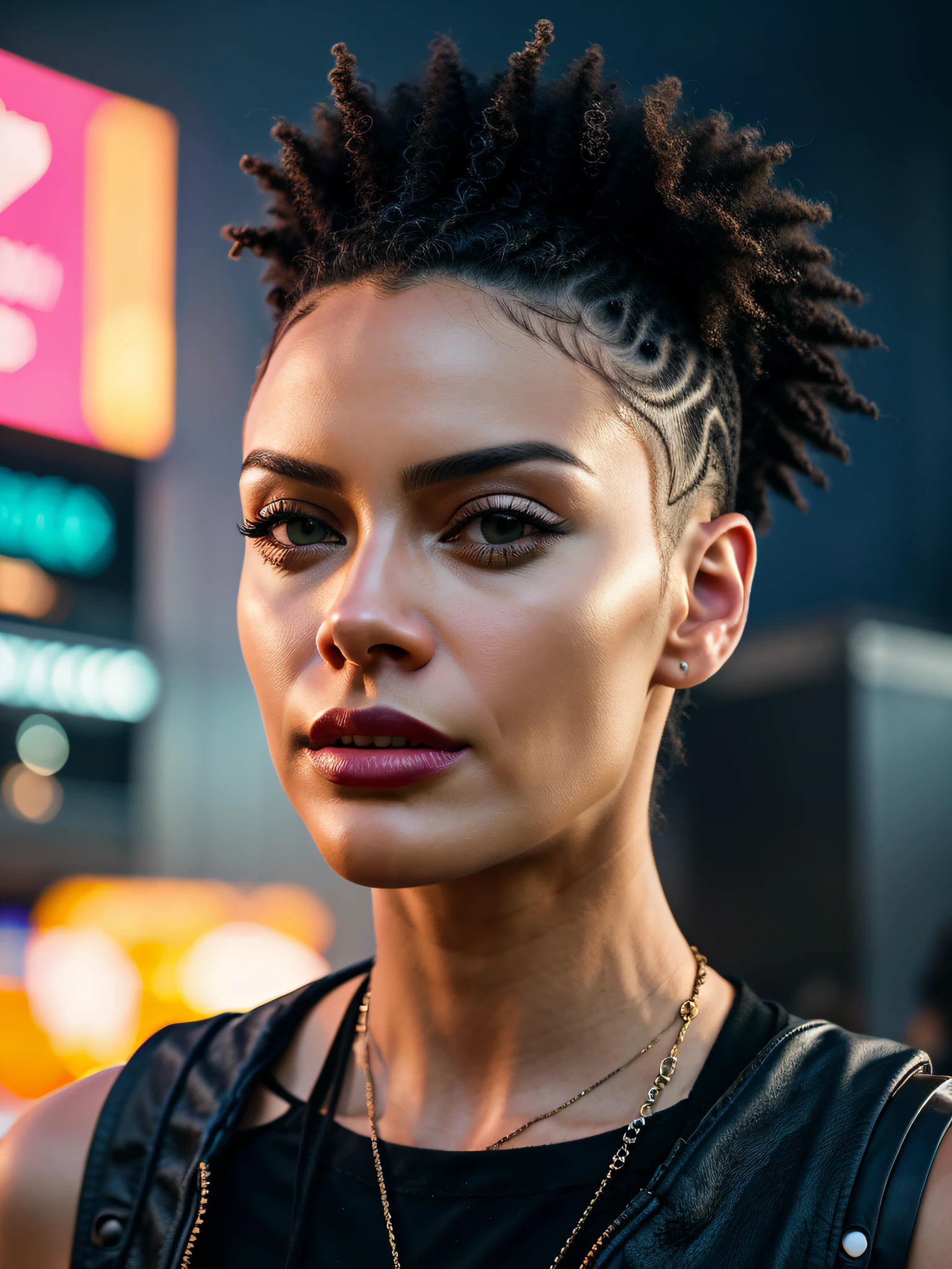 a close up of a person with a gun in a city, cyberpunk art inspired by Cliff Childs, trending on Artstation, afrofuturism, cyberpunk 2 0 7 7 character art, portrait of a cyberpunk man, cyberpunk character art, portrait of a cyberpunk cyborg, cyberpunk dude, cyberpunk character, shadowrun character art, a teen black cyborg, dark skin, afropunk haircut, cyberpunk portrait, cyberpunk digital painting