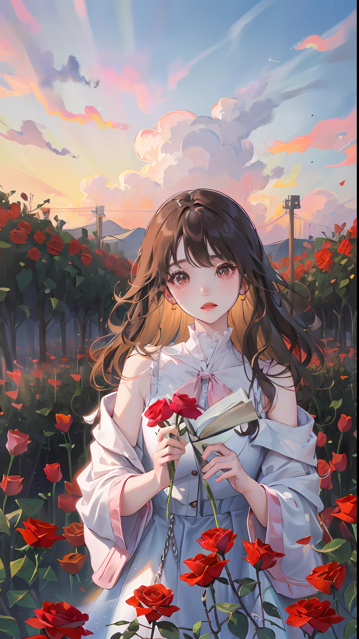 Summer, desert, pink clouds, a land overgrown with roses, James Gurney, art station rendering, ultra-wide lens, high definition