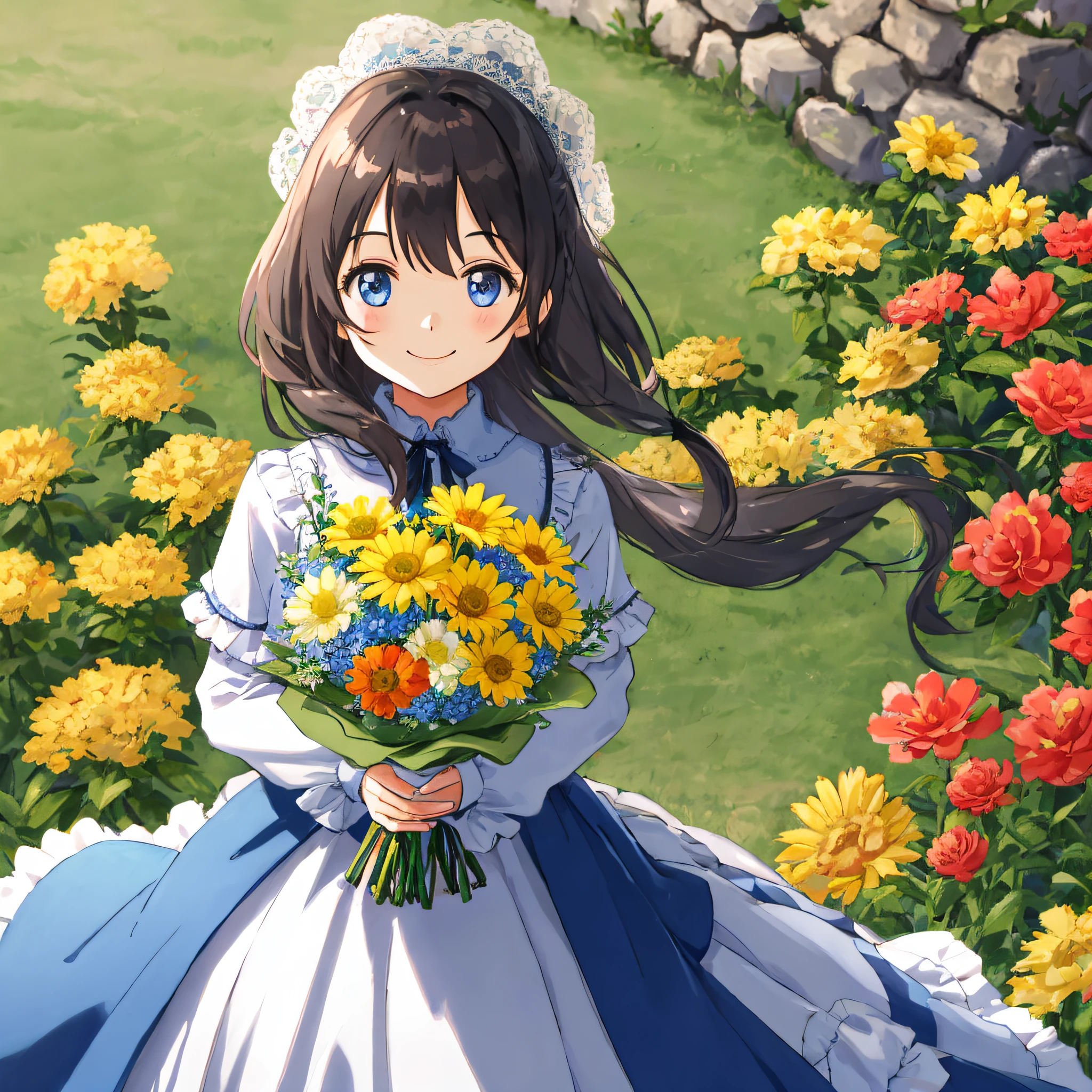 Girl bouquet looks up and smiles